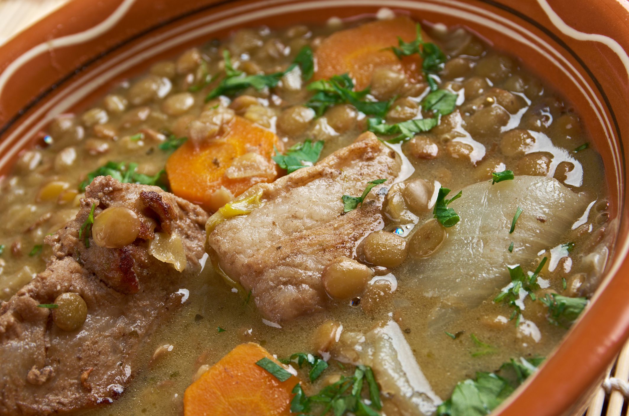French soup with lentils and Dijon mustard.Lentilles Ã la dijonnaise