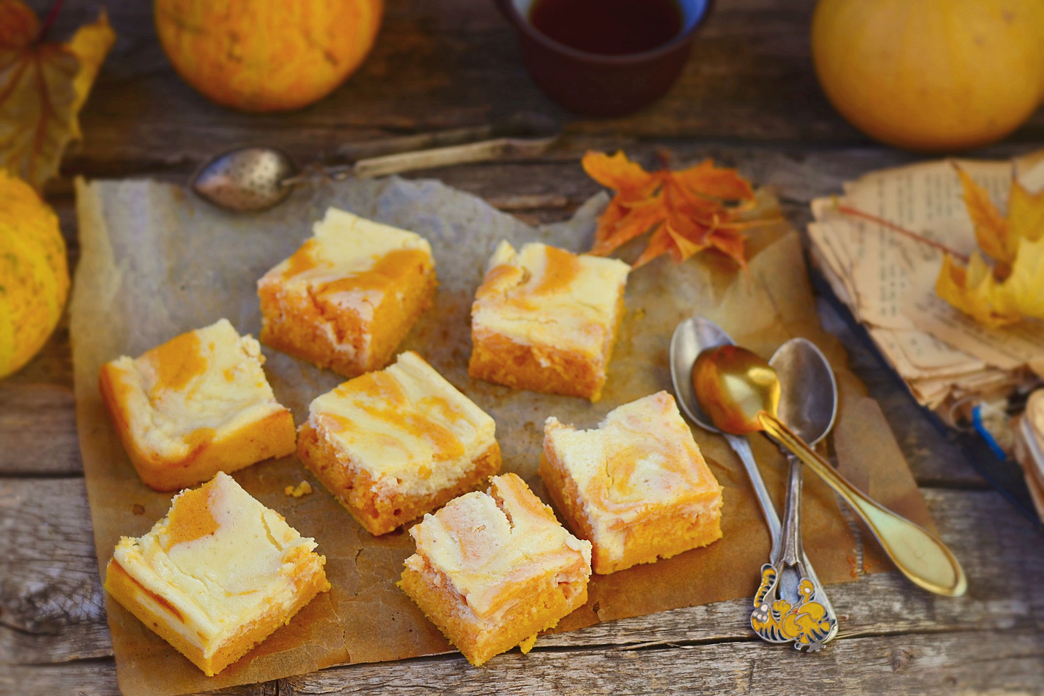 pumpkin pie on an autumn background with decorative pumpkins