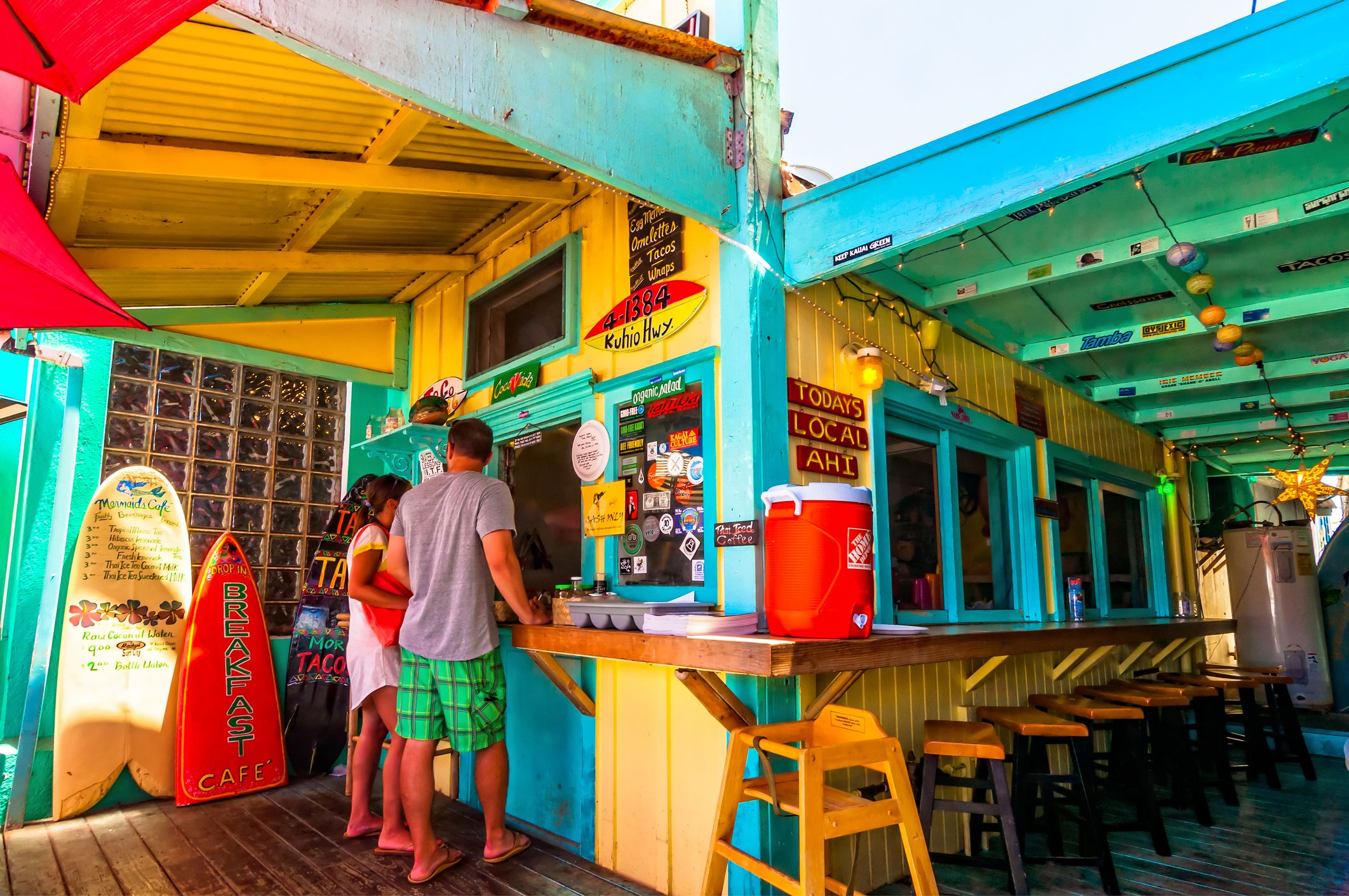 Kapaa, Hawaii - August 28, 2013: day view of picturesque Mermaids Cafe on August 28, 2013 in Kapaa, Kauai, HI, USA .Mermaids Cafe is on Kuhio Hwy in Kapaa town and is very popular among locals.