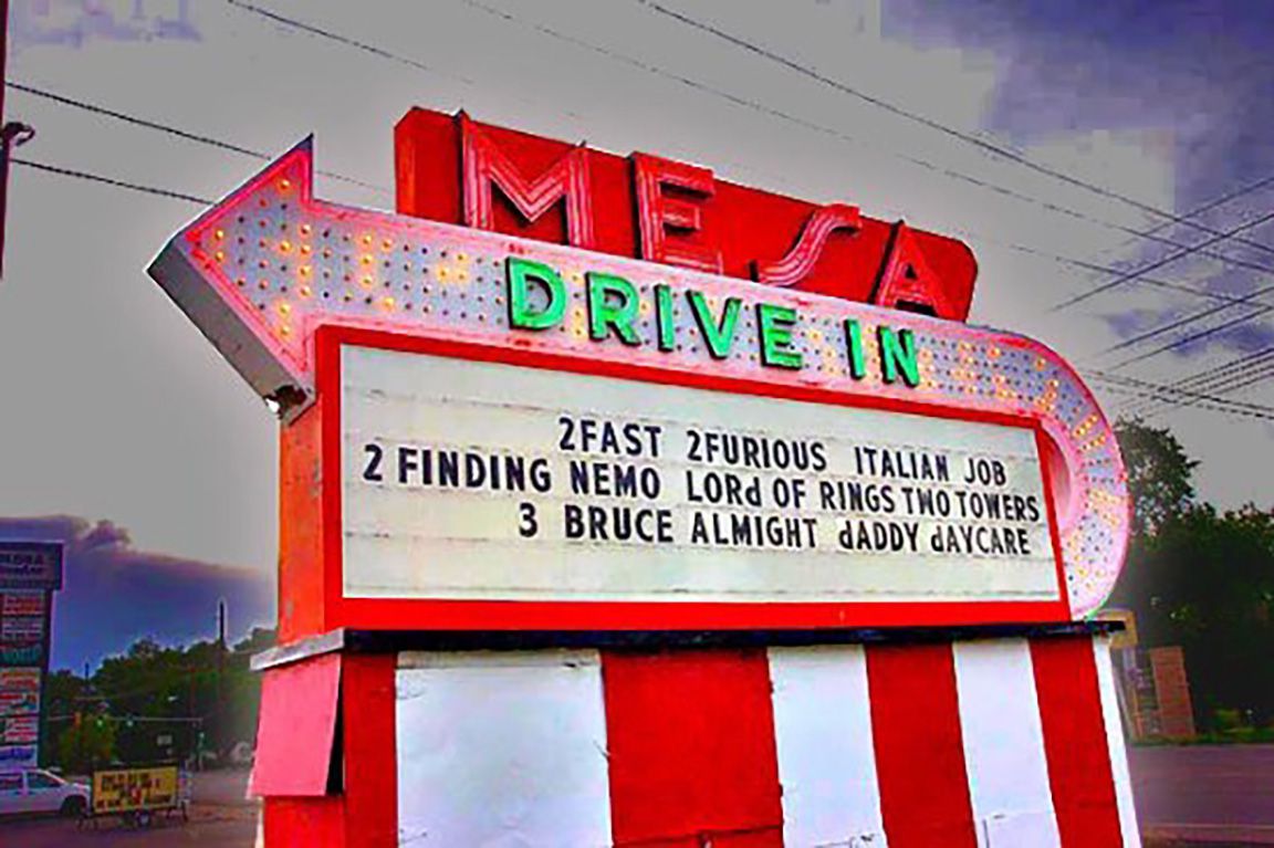 Mesa Drive-In sign advertising many films such as Finding Nemo and Lord of the Rings Two Towers.