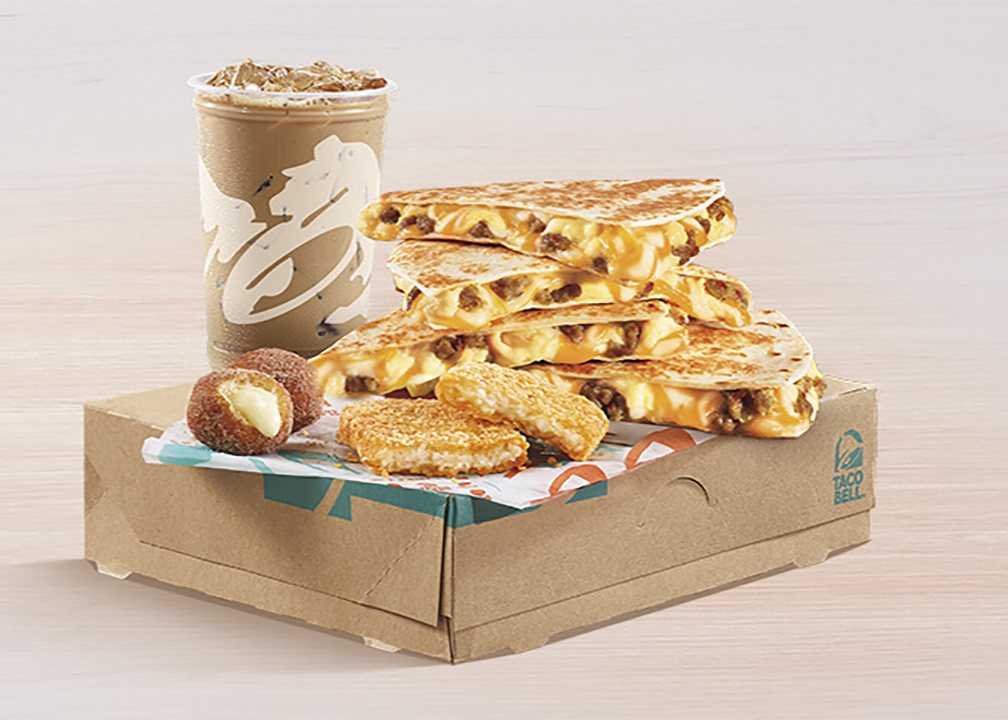 Taco Bell $5 Breakfast Box includes breakfast quesadilla, cinnamon bites, hashbrown, and iced coffee.