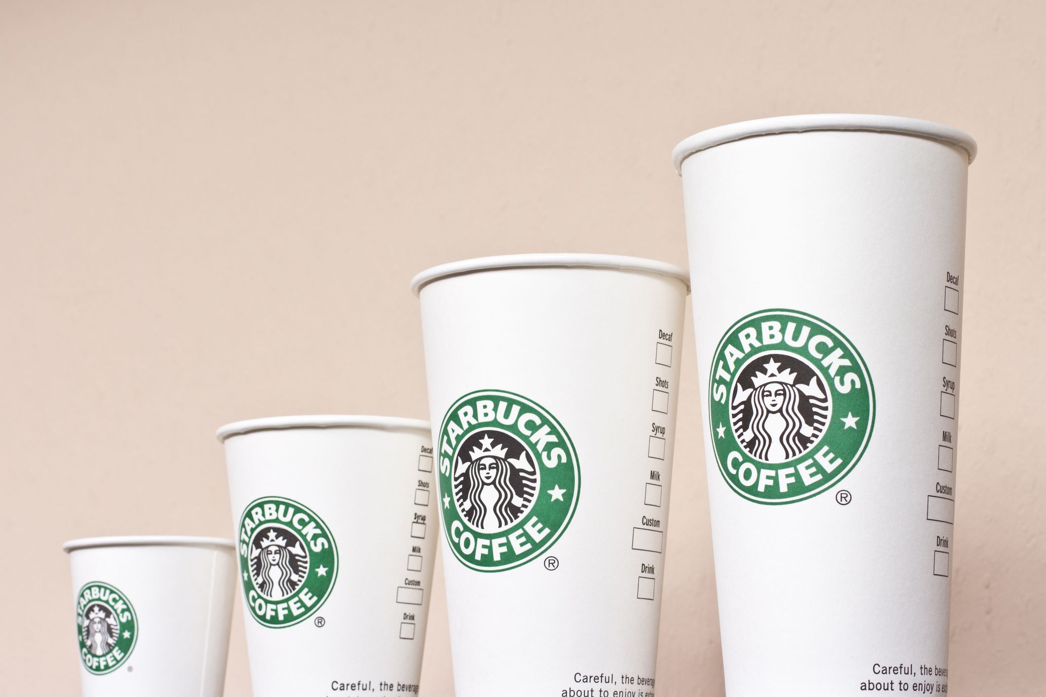 lined up starbucks cups from smallest to largest