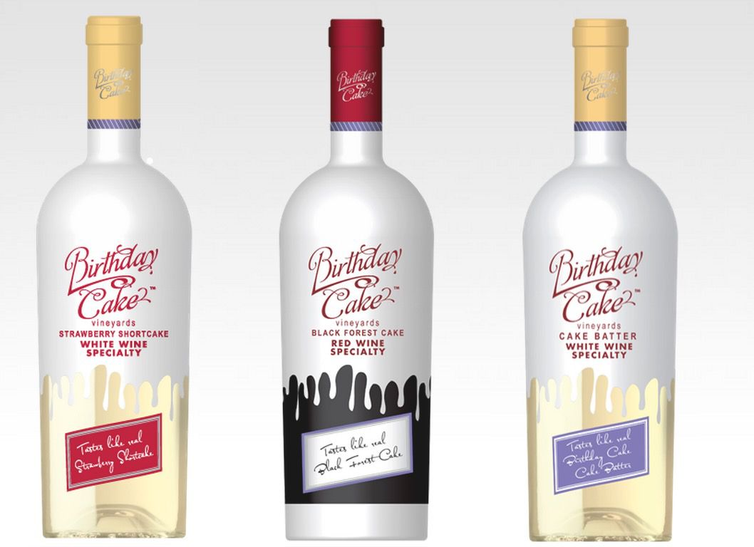 Row of three Birthday Cake bottles of wine.