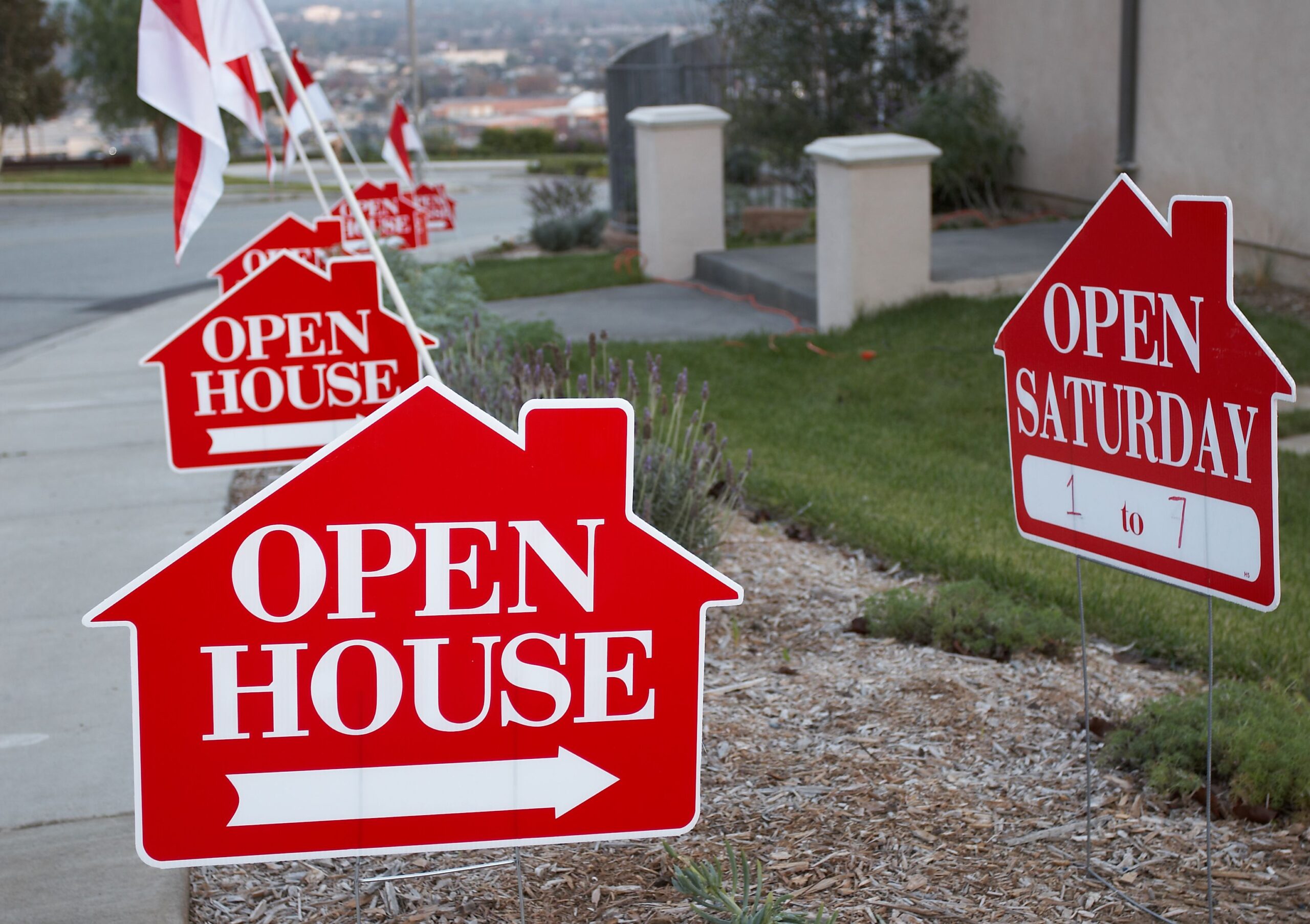 Closeup of several red 'Open House' signs in the lawn of a suburban home, flags also decorate, slight downhill road and town blurred in the background