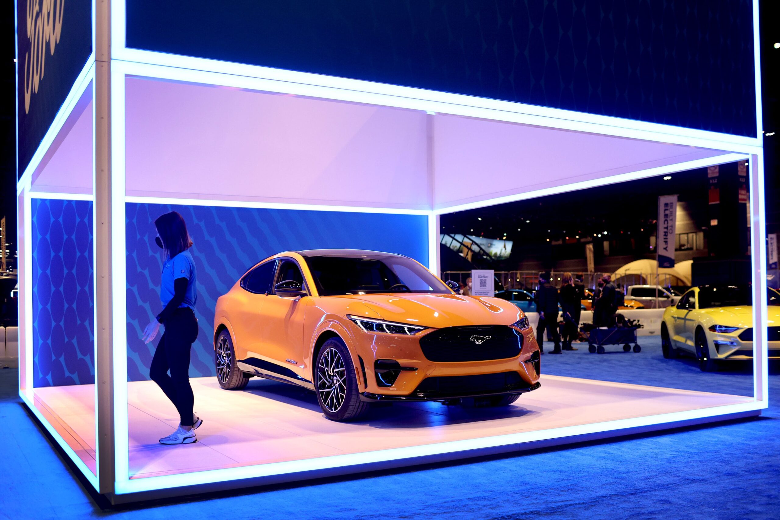 Ford shows off the 2021 Mustang Mach-E GT during the Chicago Auto Show at McCormick Place convention center on February 10, 2022 in Chicago, Illinois.