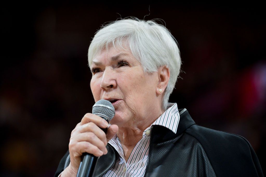 Utah Jazz owner Gail Miller speaks to a crowd before a game against the Minnesota Timberwolves