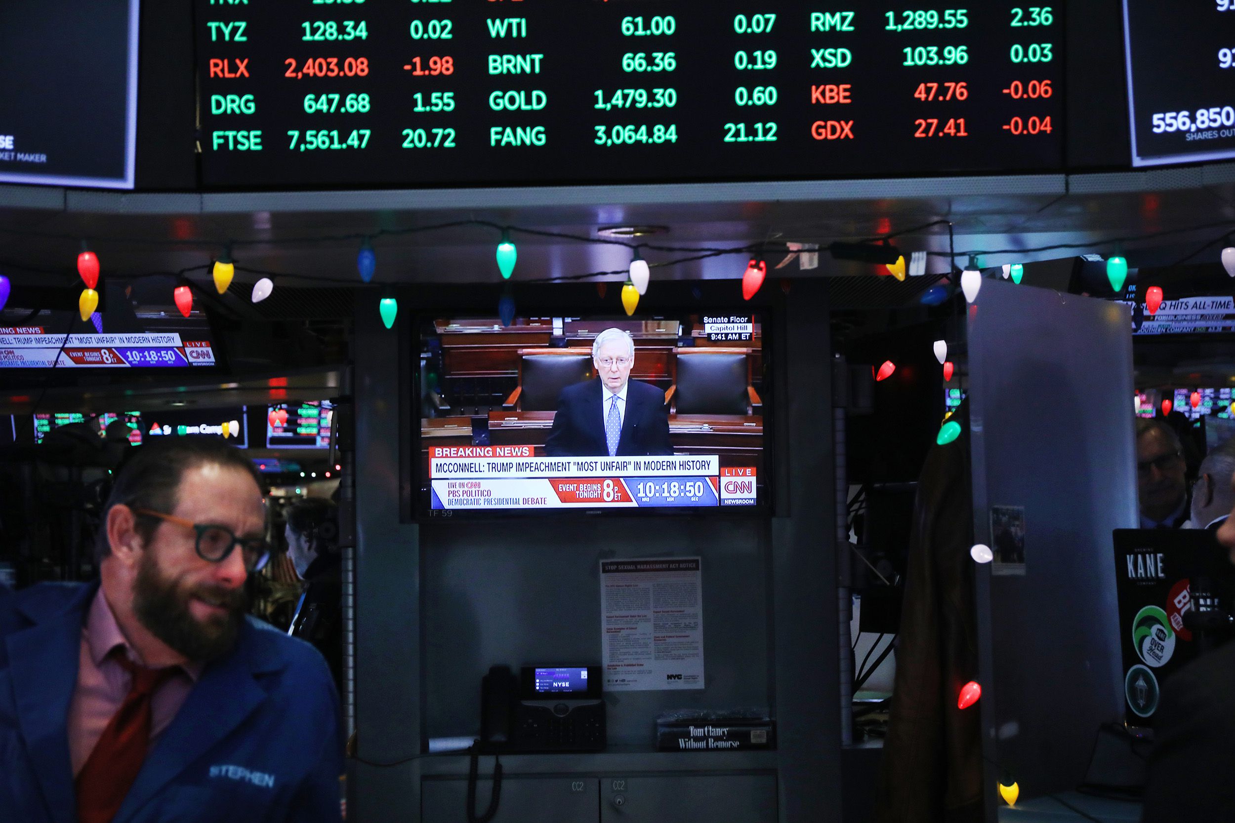 a television on the floor of the new york stock exchange (nyse) shows ongoing discussion of u.s. president donald trump's impeachment by the house of representatives the morning after on december 19, 2019 in new york city