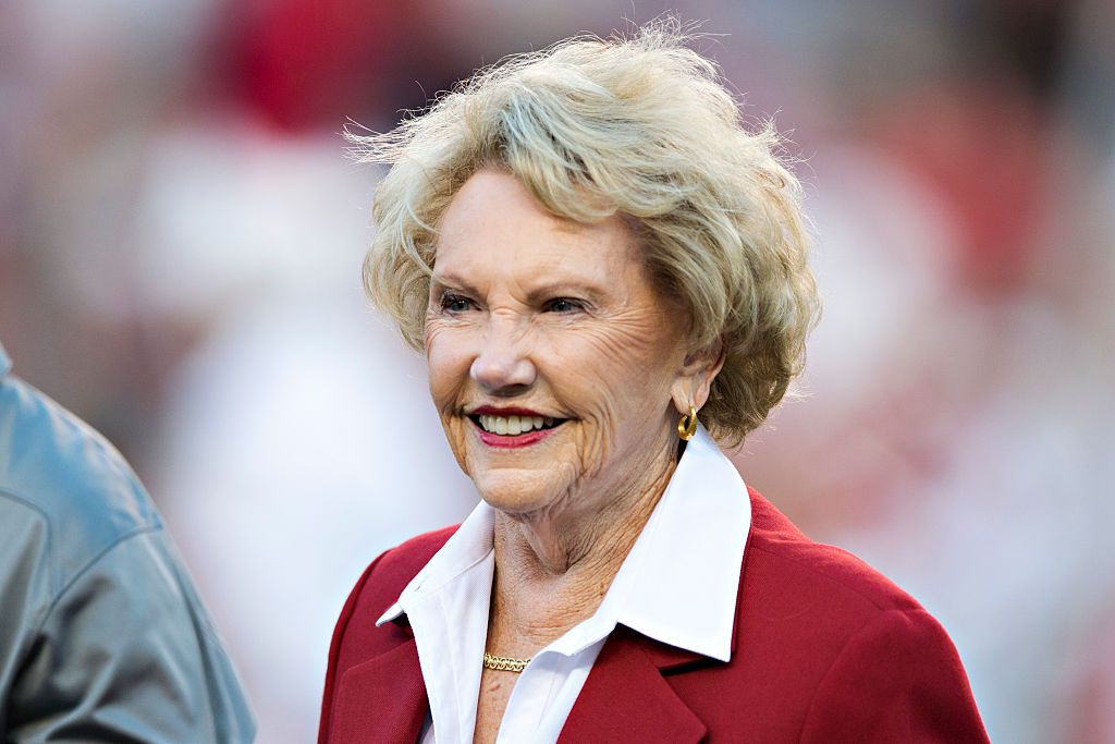 Johnelle Hunt, co-founder of JB Hunt Trucking, calls the Hogs before a game between the Arkansas Razorbacks and the Mississippi Rebels