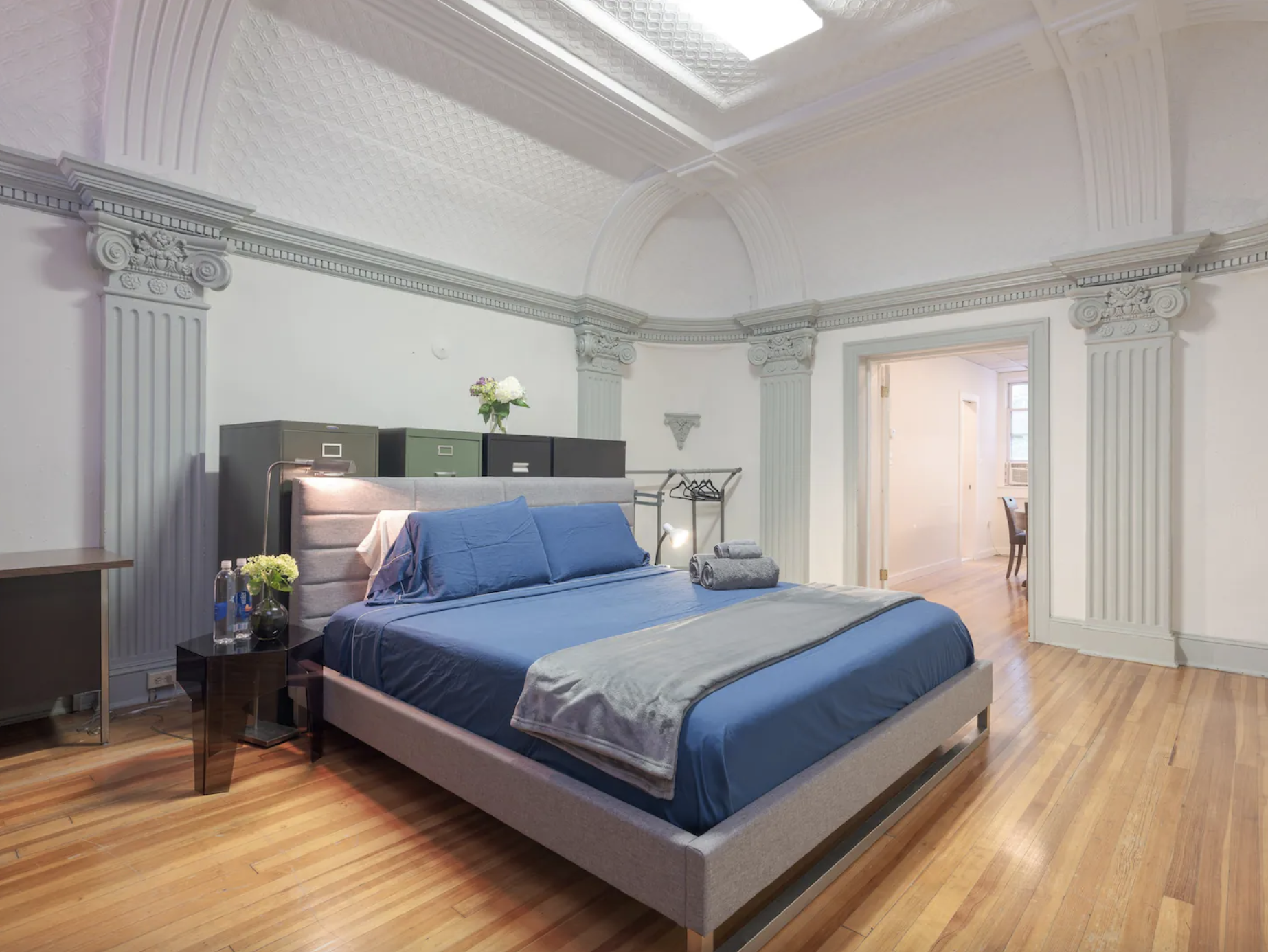 Historic Bank Fells Point bedroom with original ceilings