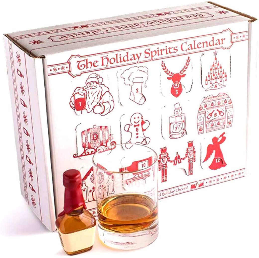The Holiday Spirits Advent Calendar with a glass and little bottle of whiskey