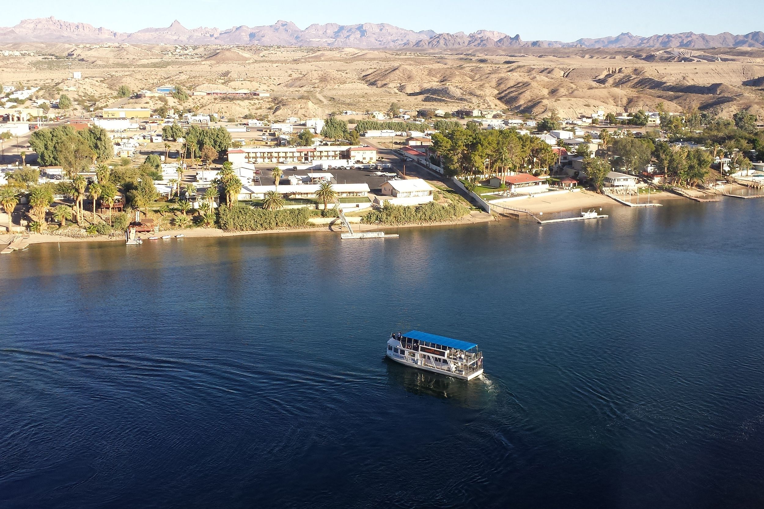 Aerial view over water of Laughlin, NV
