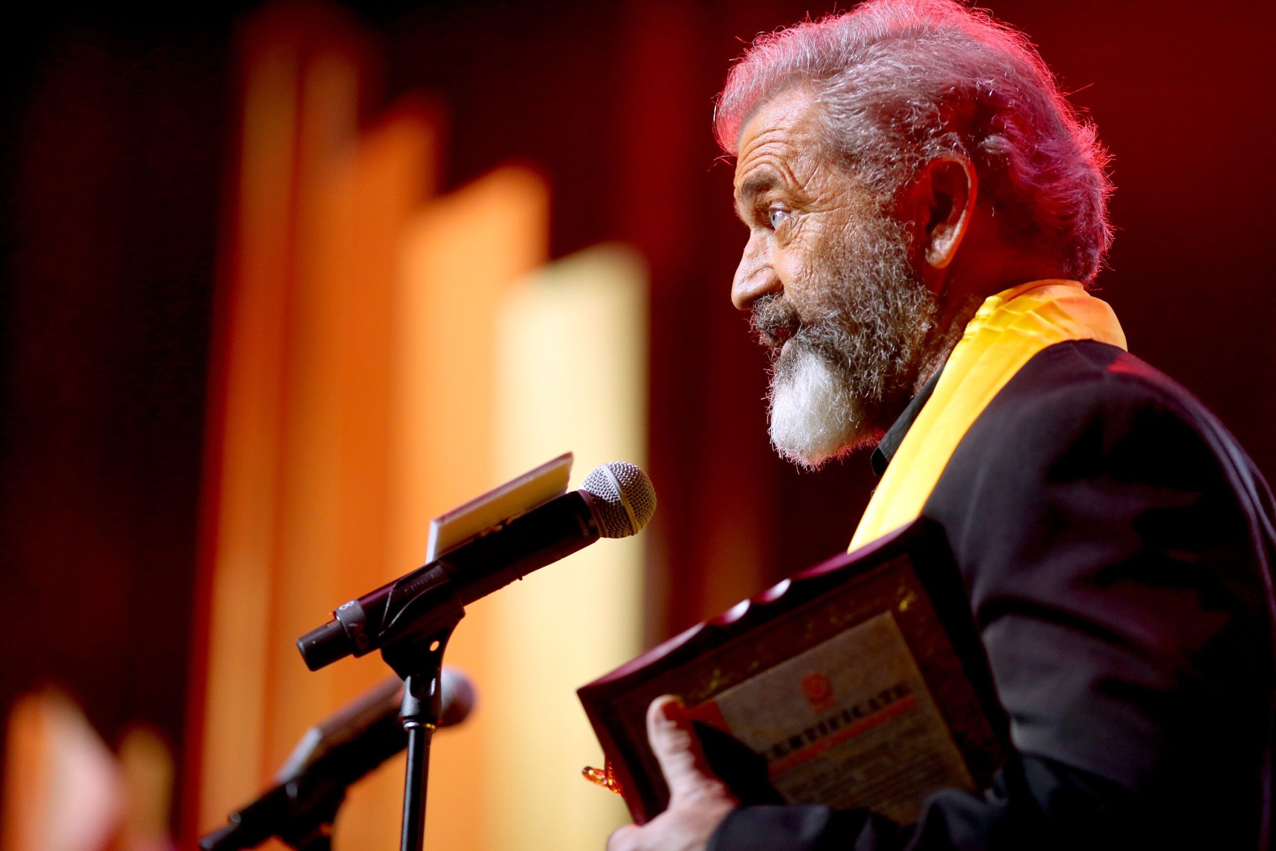 Mel Gibson accepts an award onstage during the 21st Annual Huading Global Film Awards at The Theatre at Ace Hotel on December 15, 2016 in Los Angeles, California.