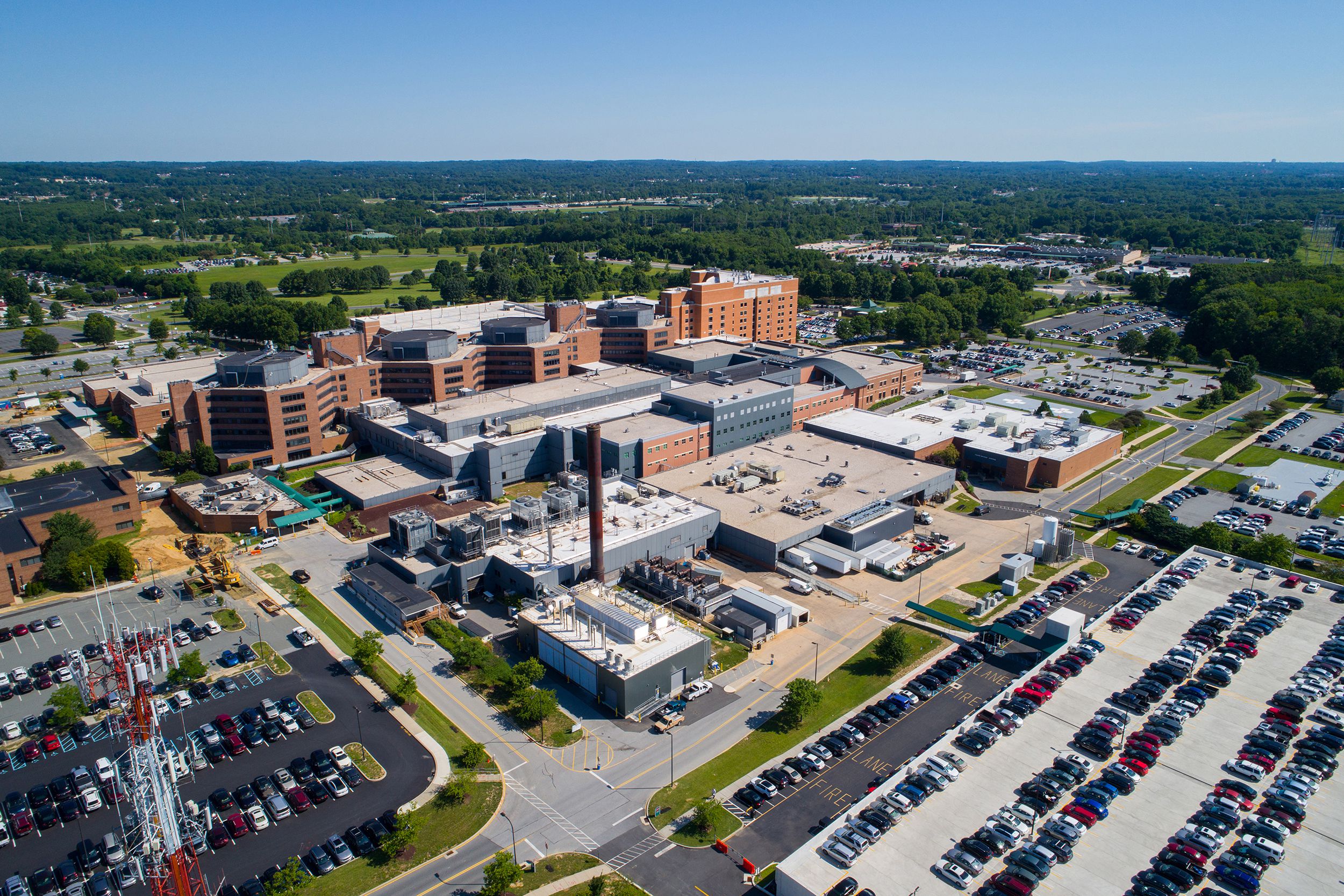 Aerial view of Newark, DE on clear summer day.
