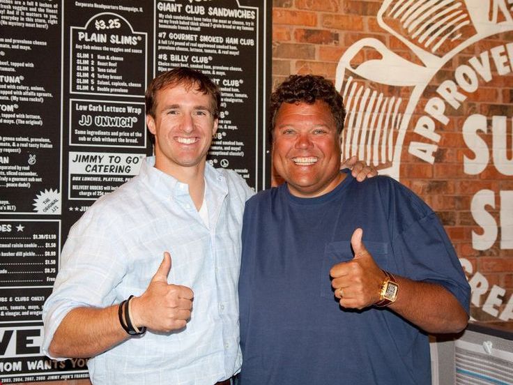 Jimmy John Liautaud greeting Pro Bowl Quarterback Drew Brees