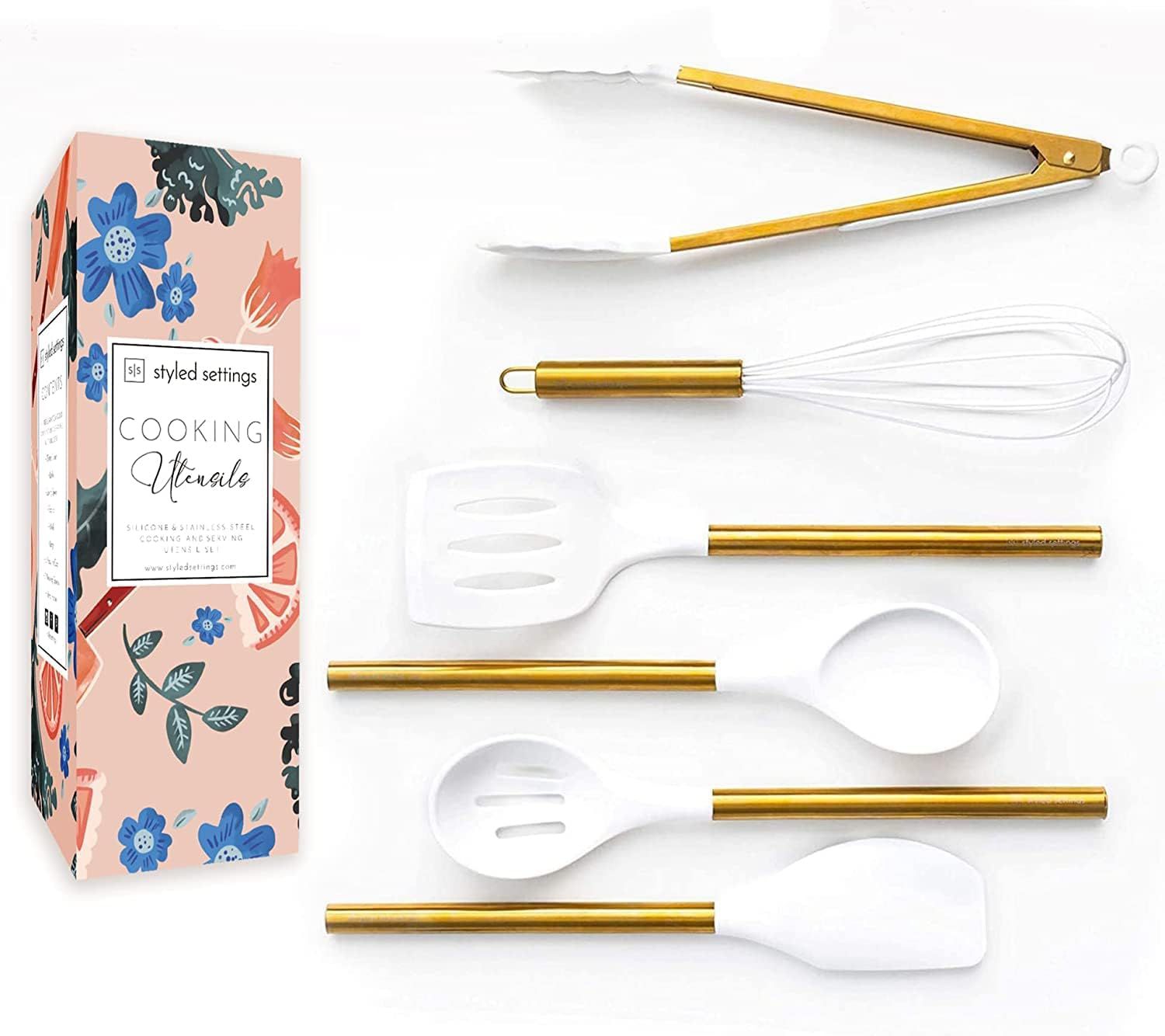 STYLED SETTINGS White Silicone and Gold Kitchen Utensils Set