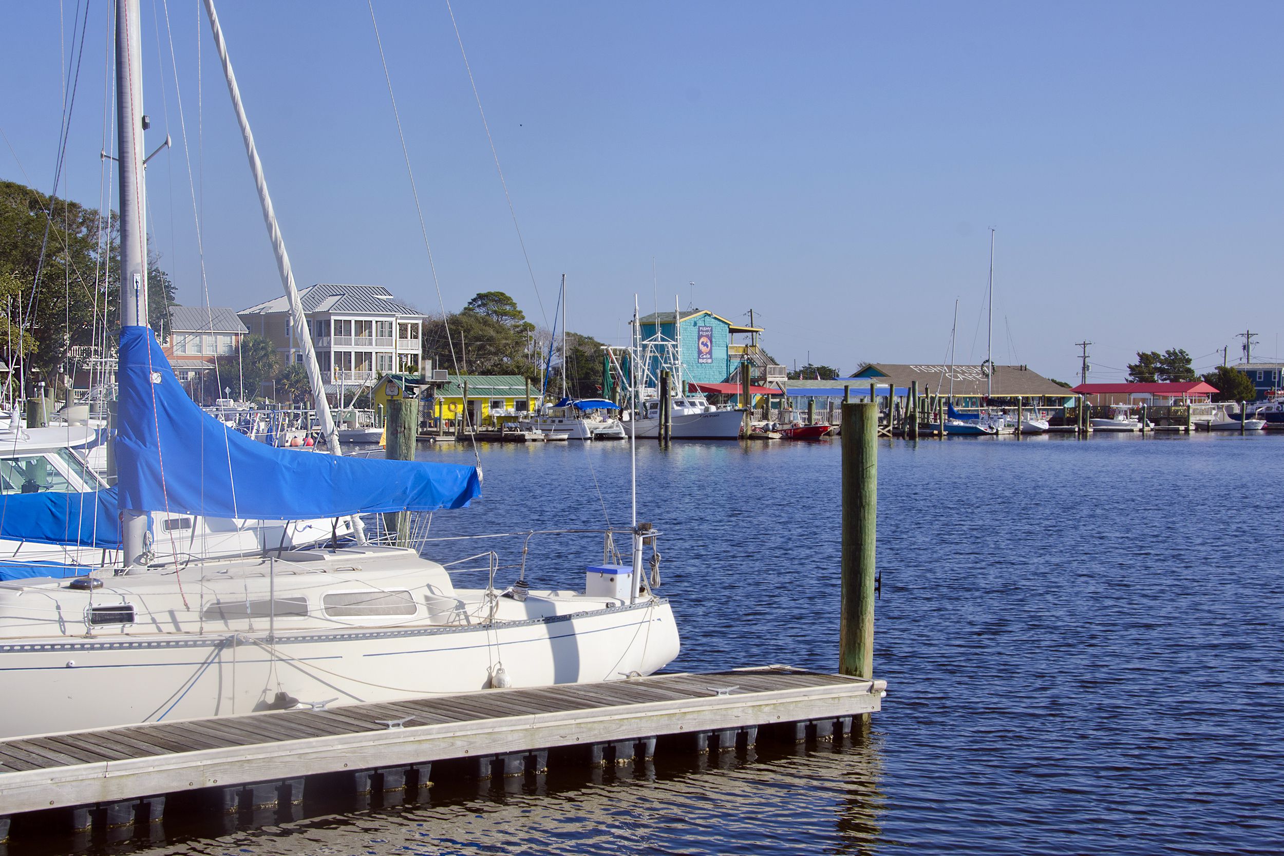 Marina on sunny day in Southport, NC