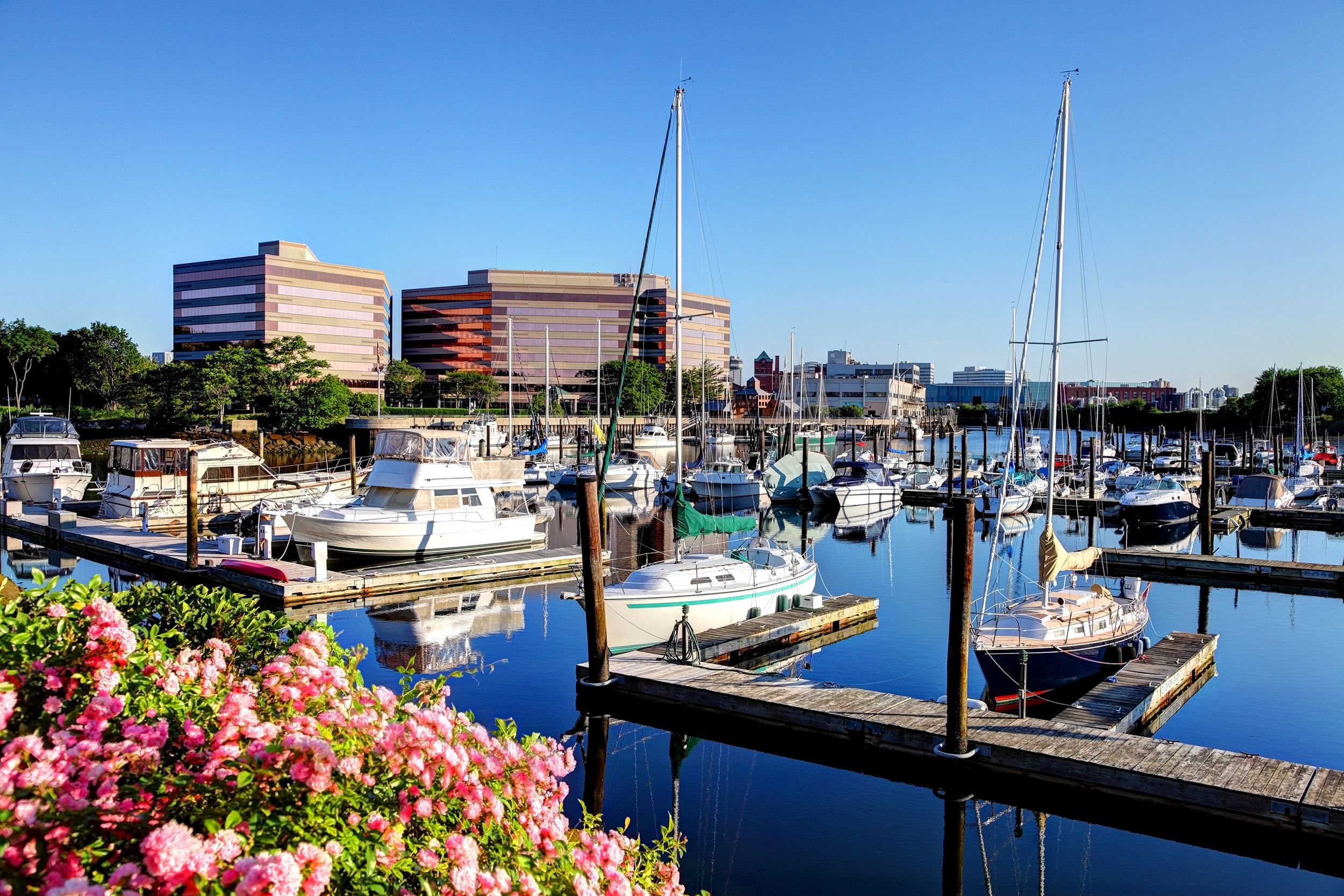 Marina at Stamford, CT on clear summer day