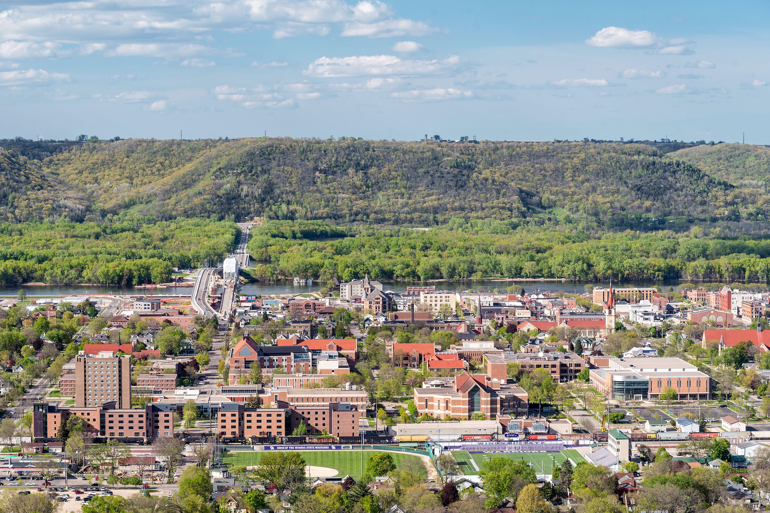 Aerial view in summer of Winona, MN