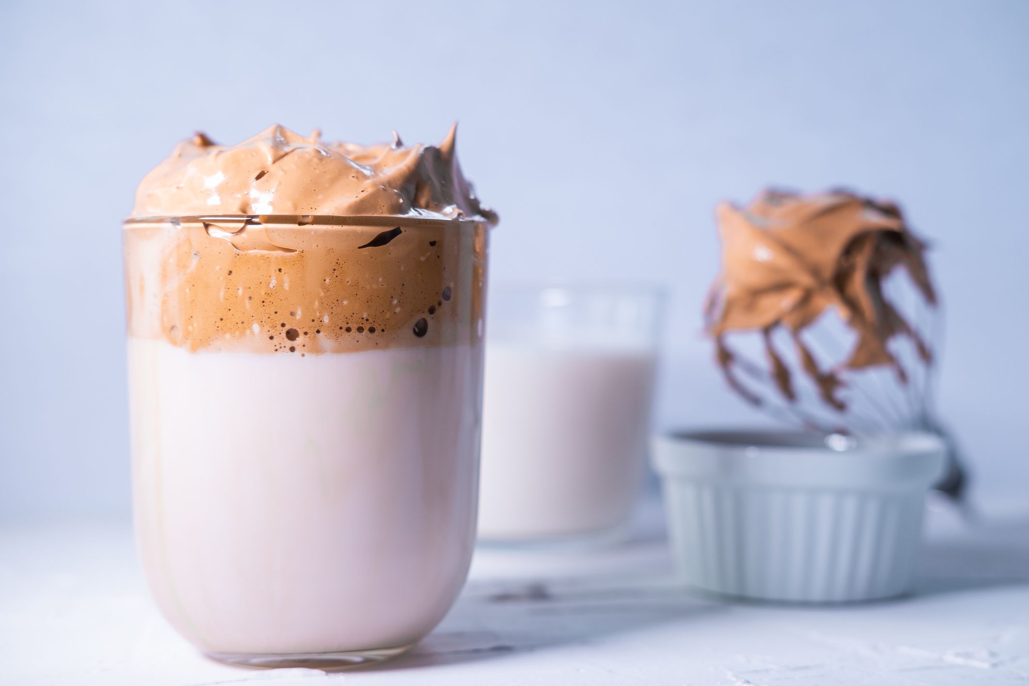 Dalgona coffee with instant coffee, milk, sugar and water