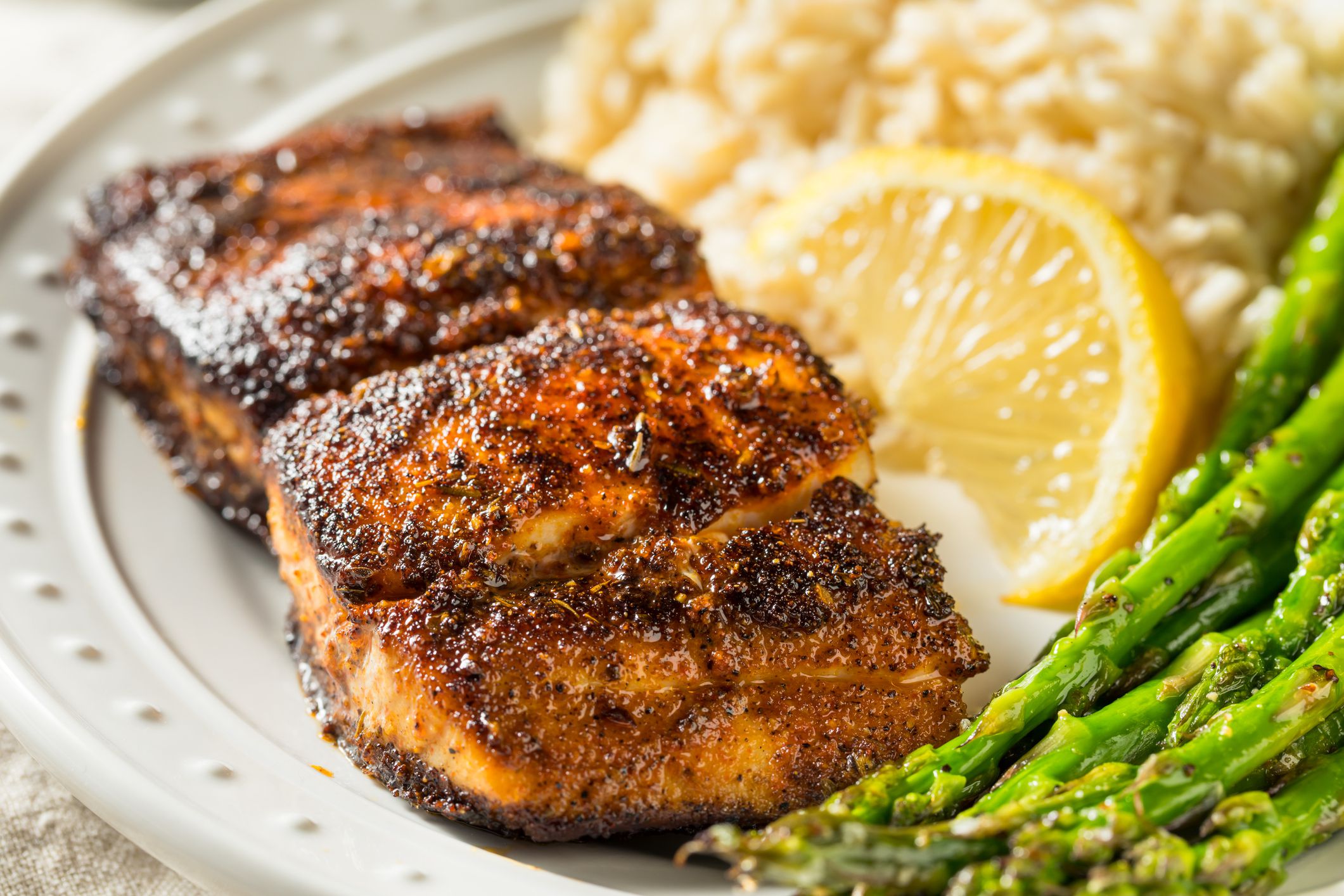 Homemade Blackened Mahimahi White Fish with Asparagus and Rice
