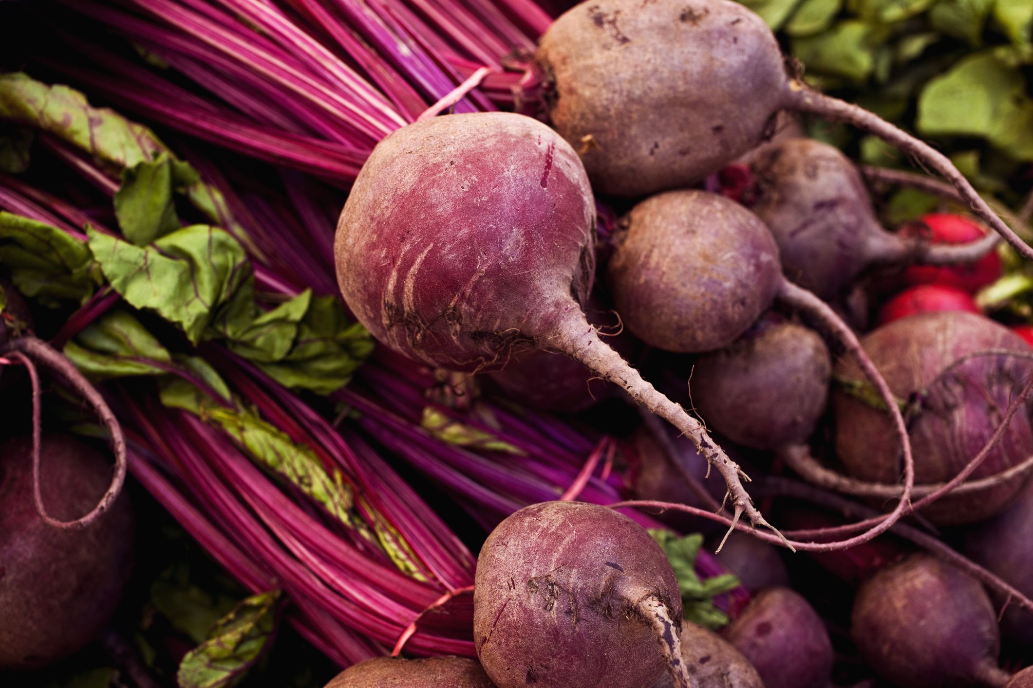 Beets at the farmers market, macro, shallow focus.
