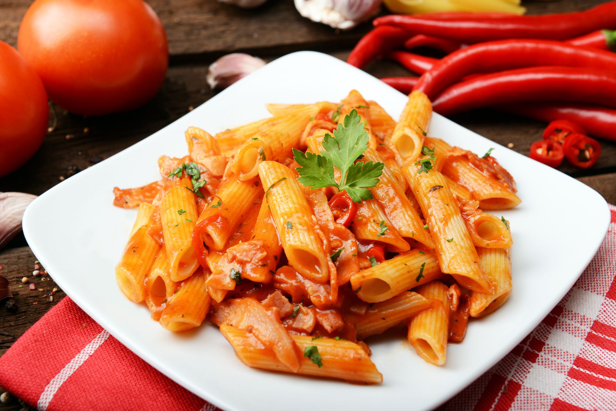 Penne pasta with chili sauce arrabiata
