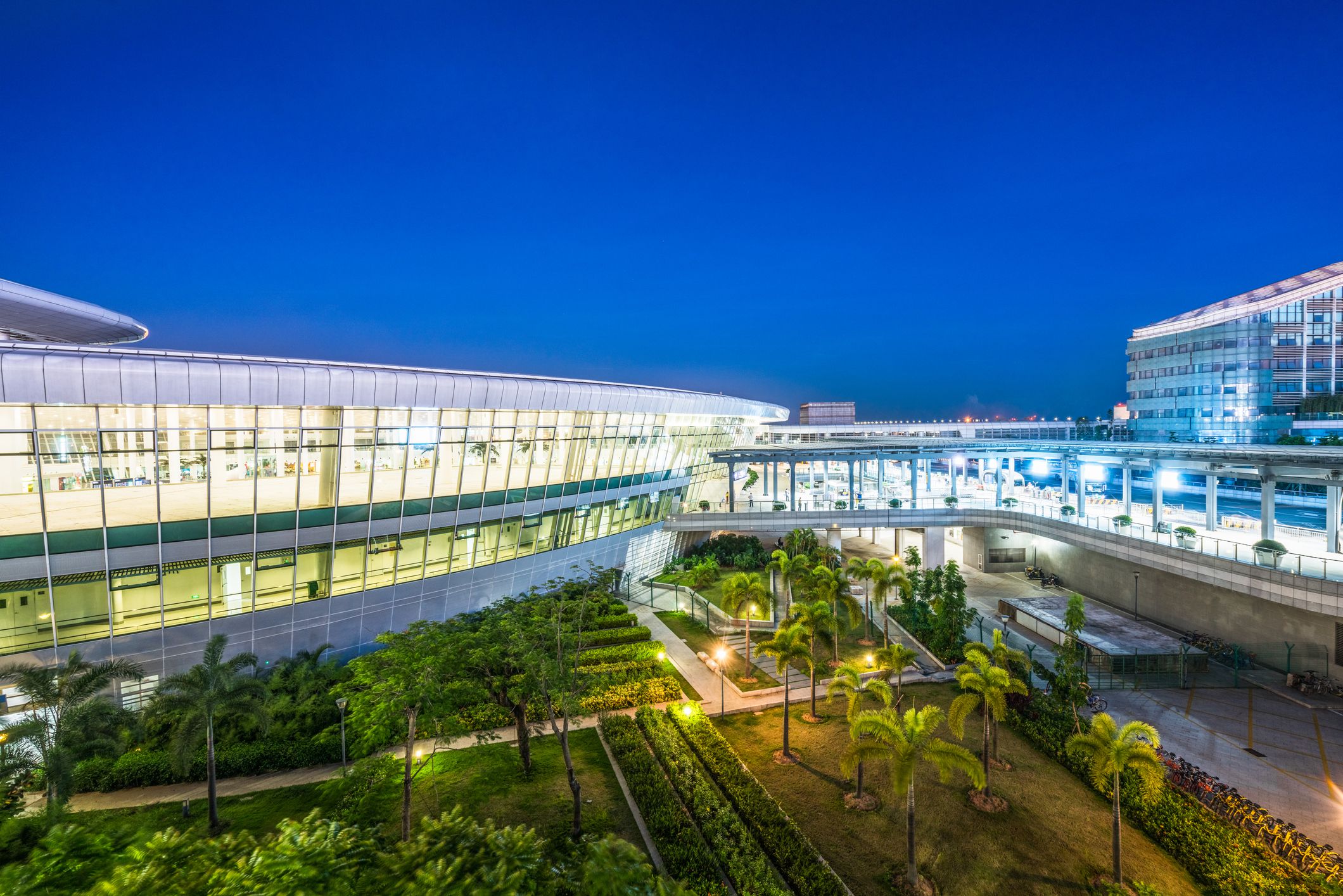 illuminated Baoan international airport building at night in Shenzhen,China.
