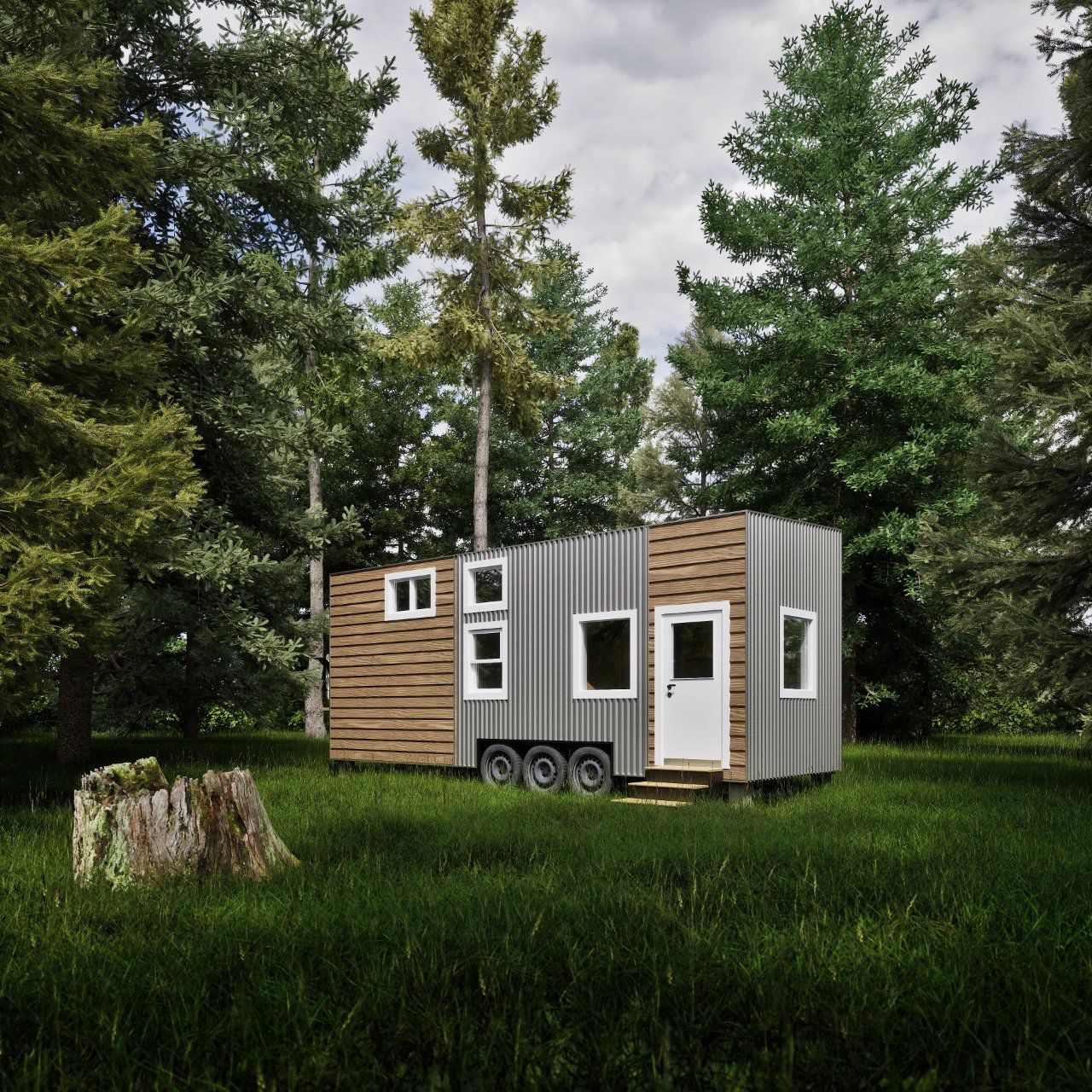 Front and side exterior of 26' Kadena, Cape Coral, Florida, on a grassy lot surrounded by trees, on a sunny day during summer