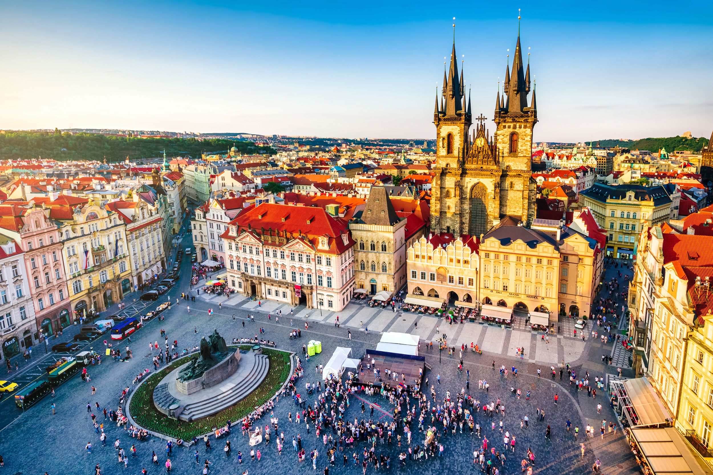 Aerial of the City Center in Prague, Czech Republic on a sunny summer day with lots of people