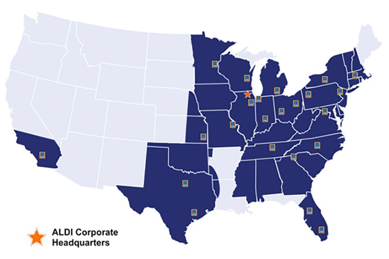 map of usa overlaid with Aldi presence by state
