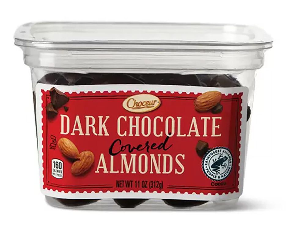 Clear plastic container of Choceur Chocolate-Covered Almonds