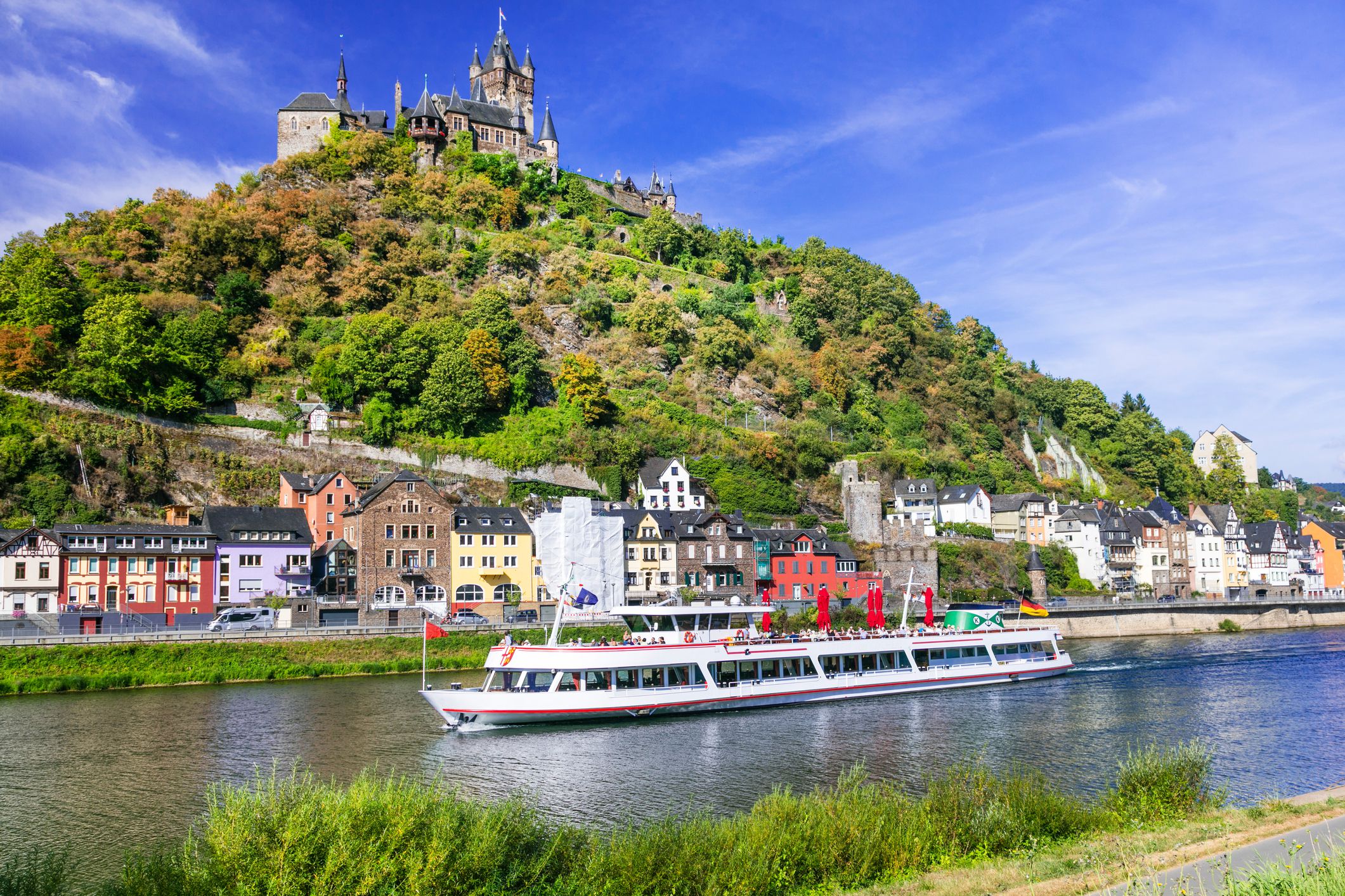 Cruise over the Rhein Rive near the medieval town Cochem, Germany on a clear sunny summer day
