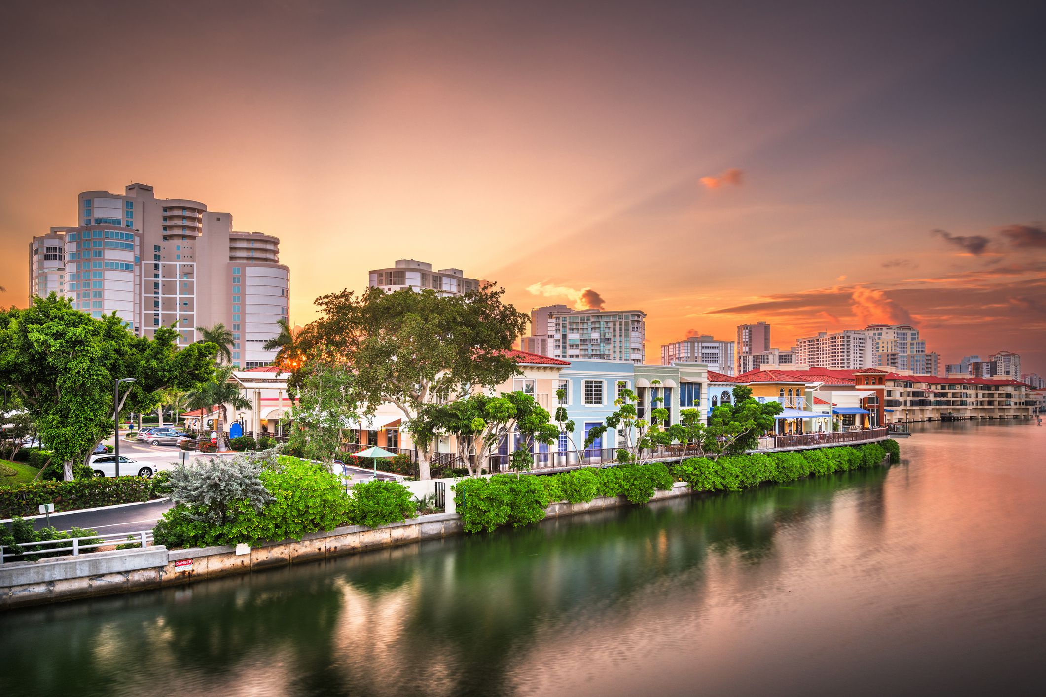 Downtown skyline at dusk Naples, Florida with waterway