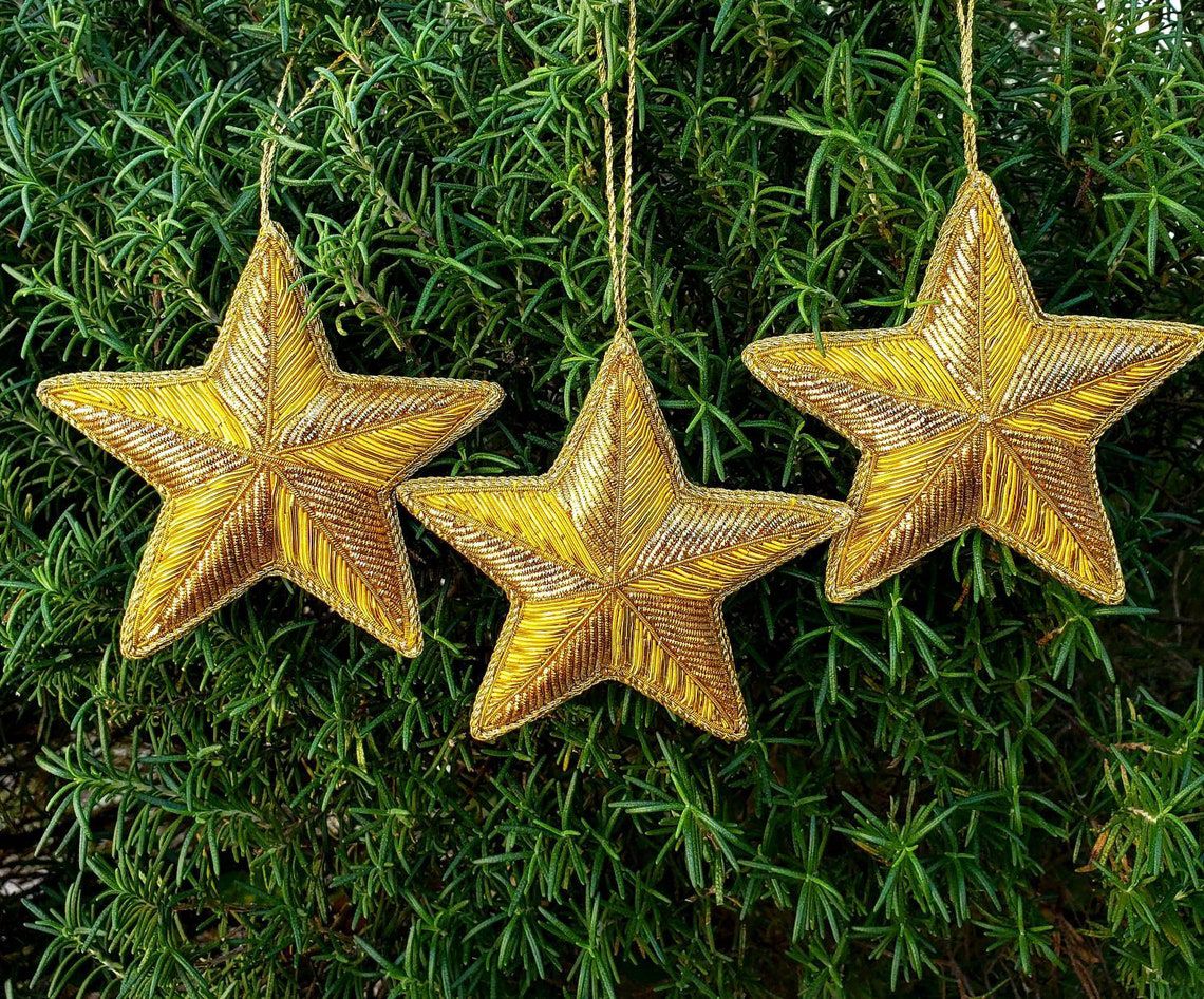 Hand-Embroidered Gold Star Christmas Ornament