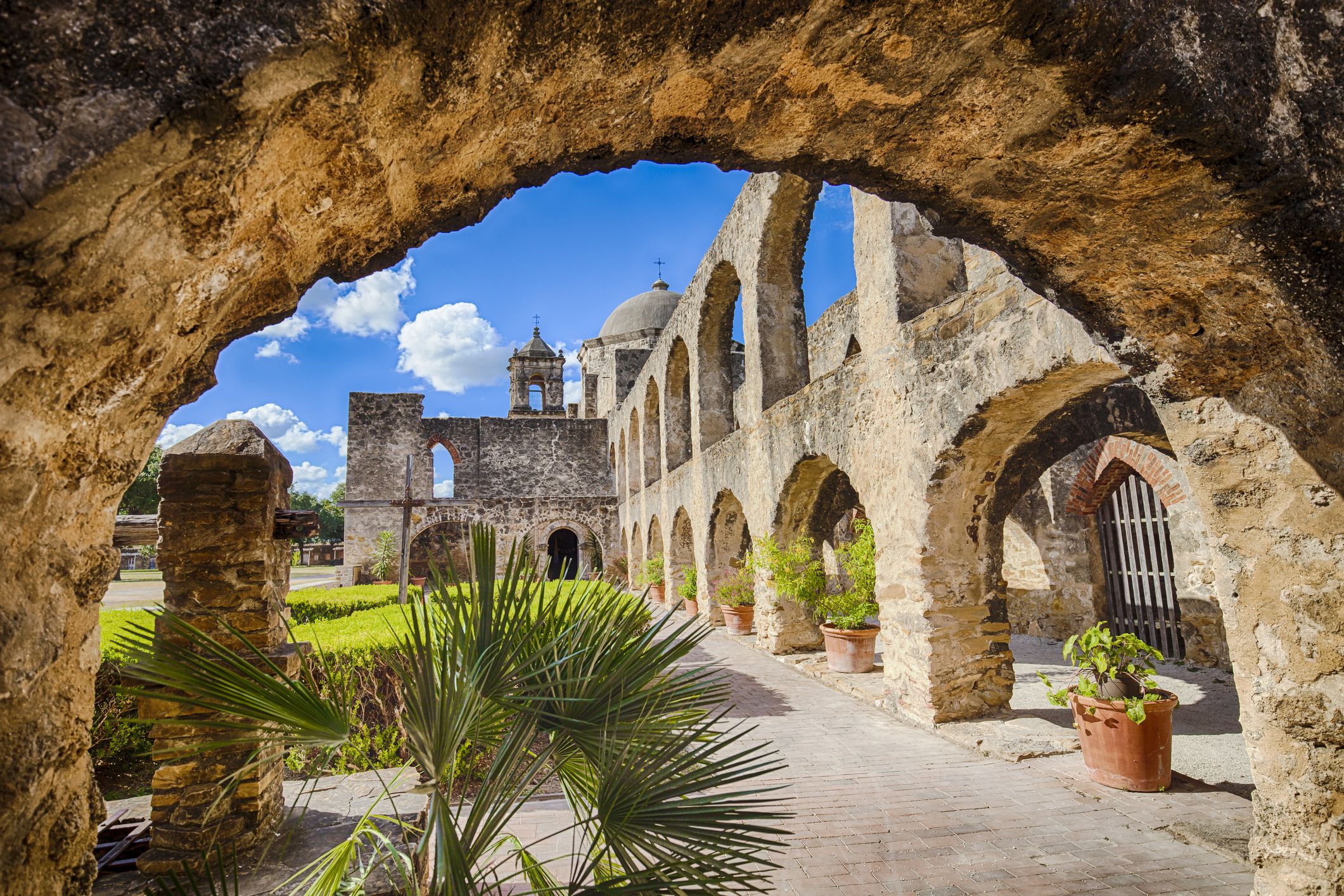 Looking through window of the Mission San Jose In San Antonio, Texas on a bright sunny day
