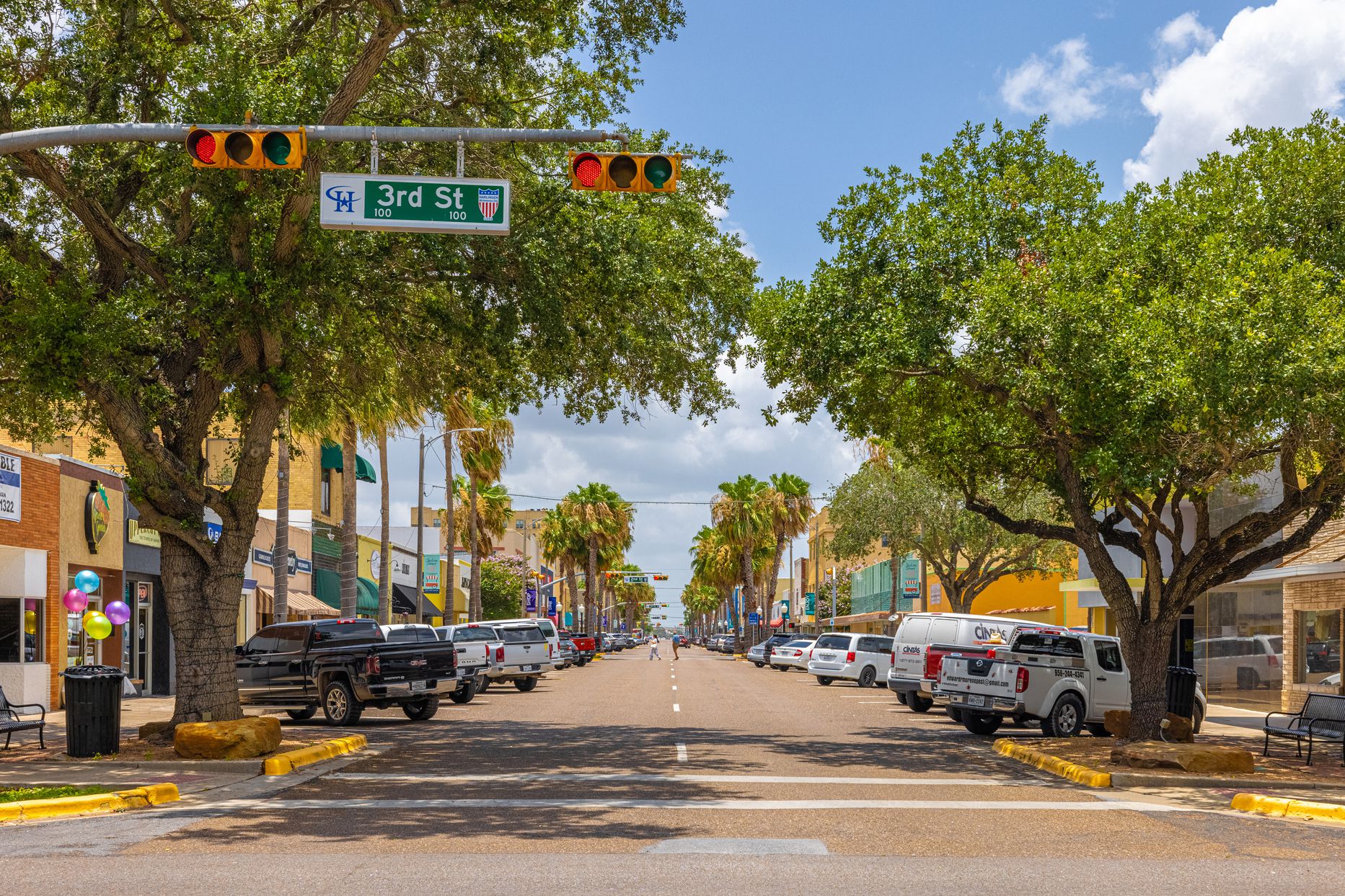 Old business district on Jackson Avenue, Harlingen, Texas on a bright summer day