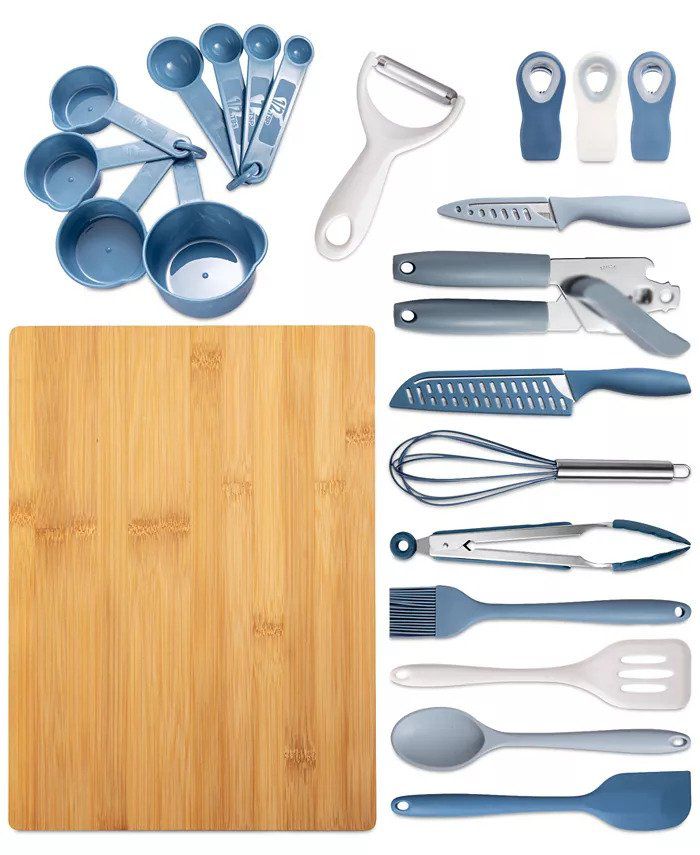 dusty-blue-colored kitchen gadget set with wood cutting board