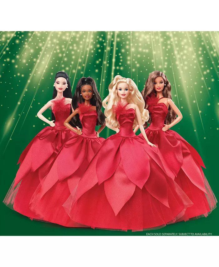 Barbies in red holiday dresses