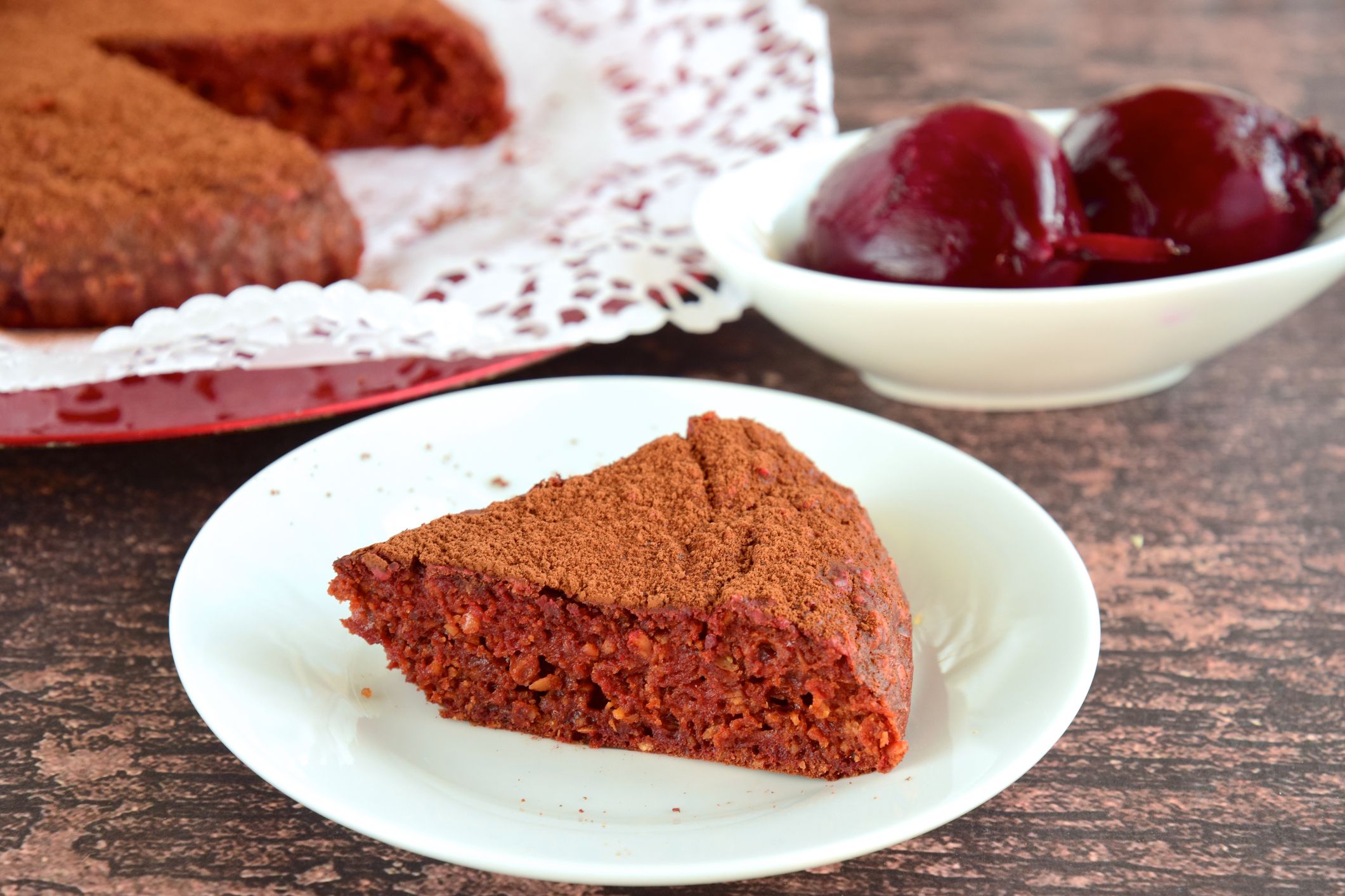 Slice of vegan beetroot chocolate cake
