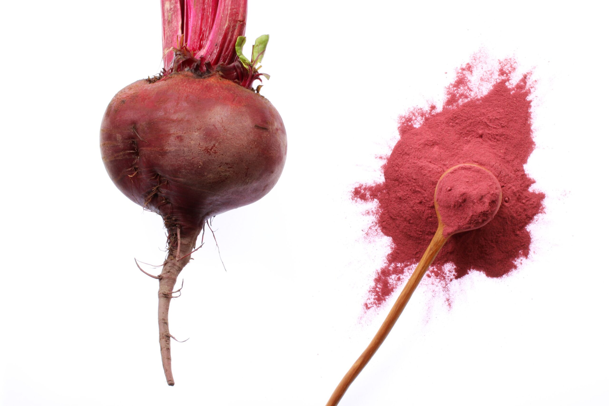 Fresh beet with beetroot powder on spoon.