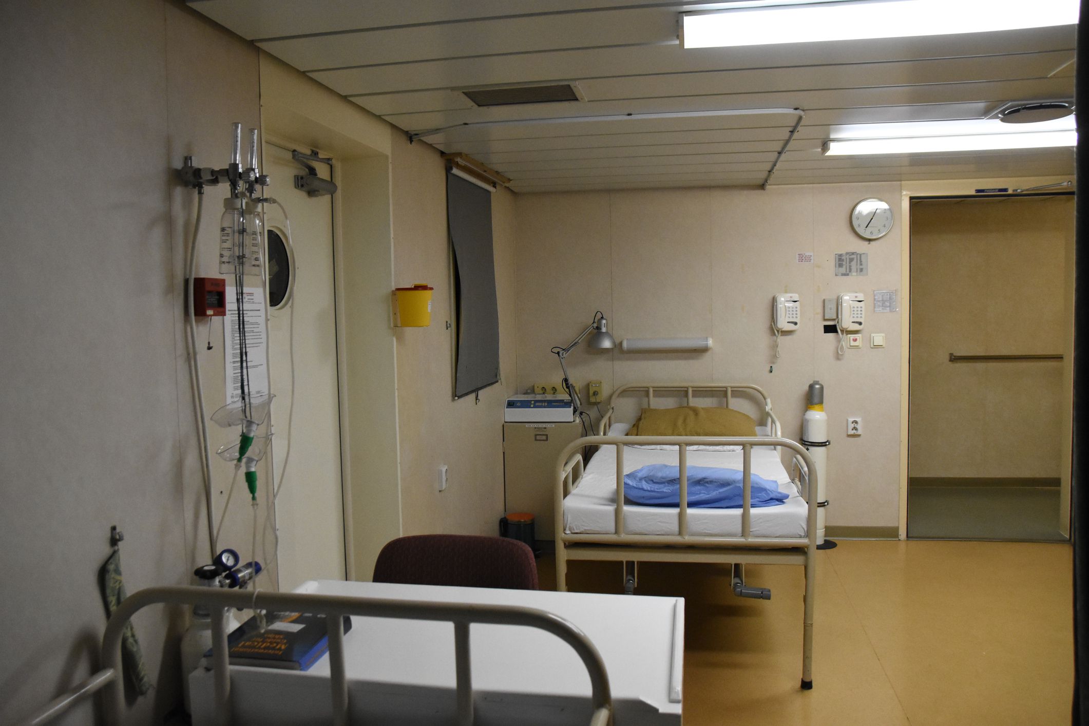 Hospital on the ship with two beds inside the superstructure of the merchant container vessel. Used for treatment of the crew in emergency cases.