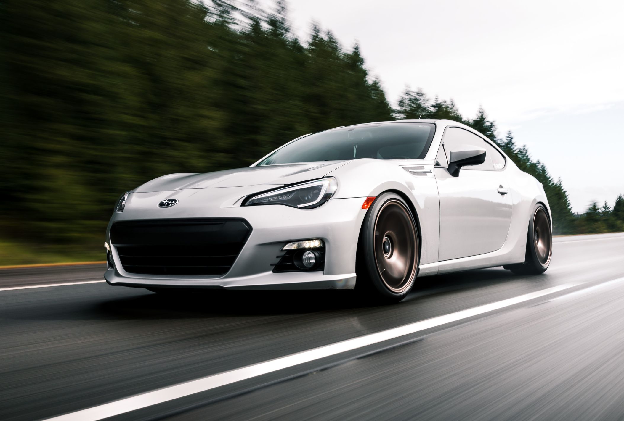 Seattle, WA, USA5/26/2022Subaru BRZ in silver driving on the highway