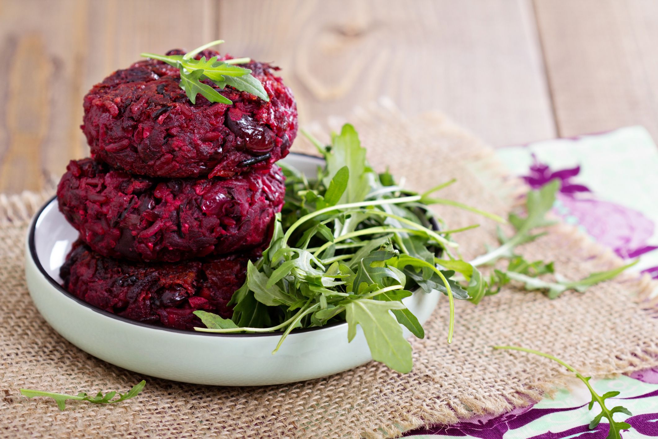Beetroot vegan burgers with rice and red beans