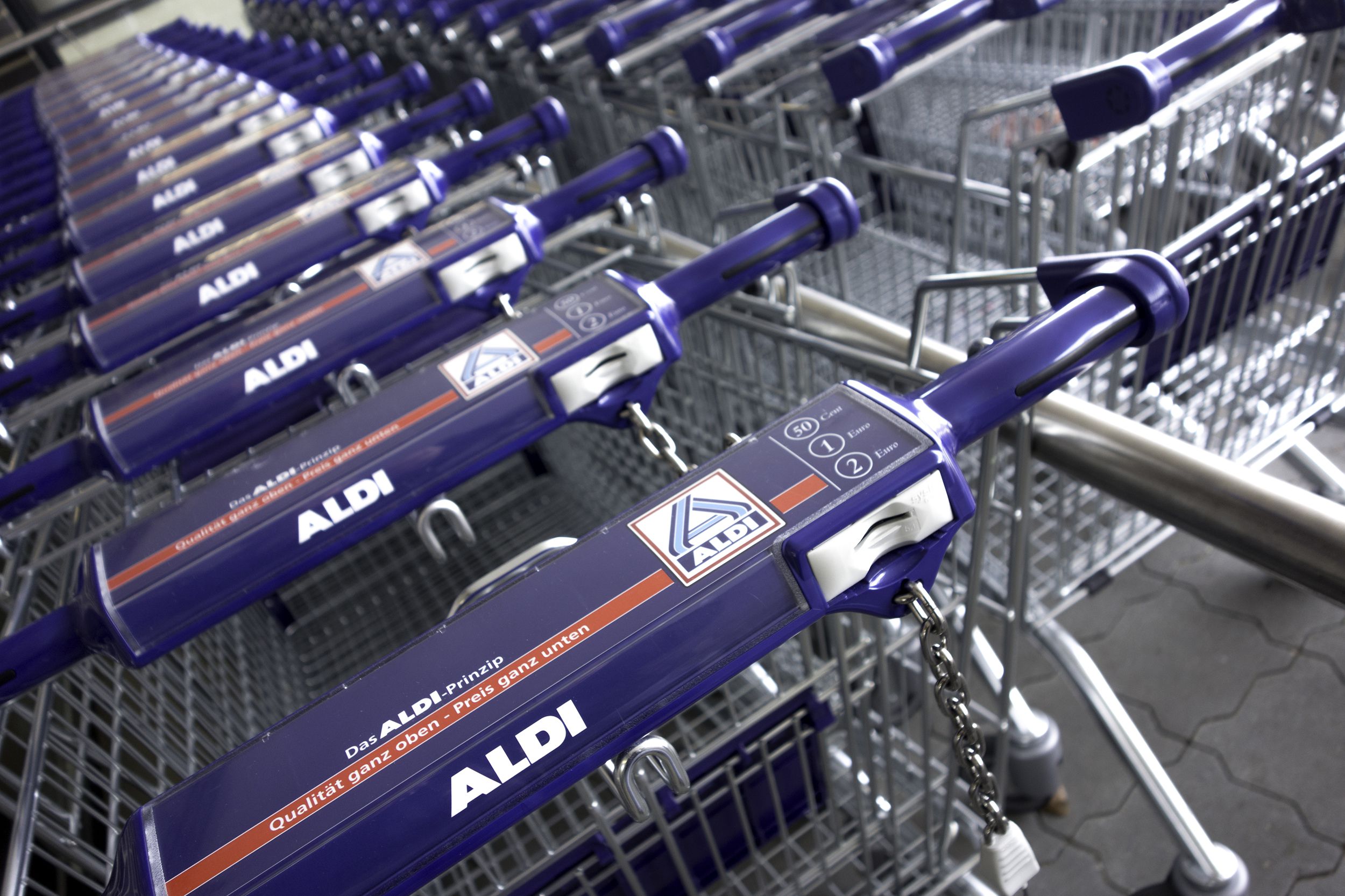 new Aldi shopping carts in a row