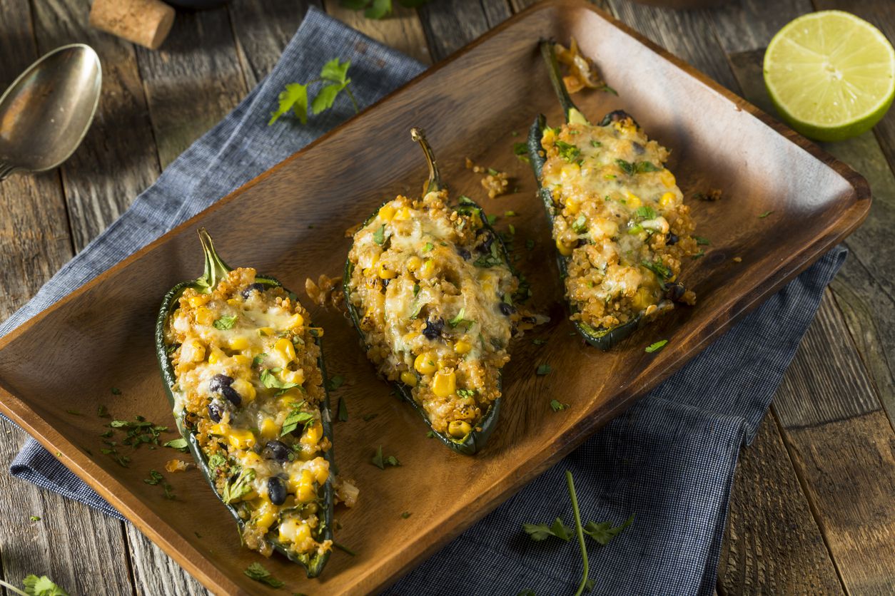 Homemade Roasted Quinoa Stuffed Poblano Peppers with Corn and Beans