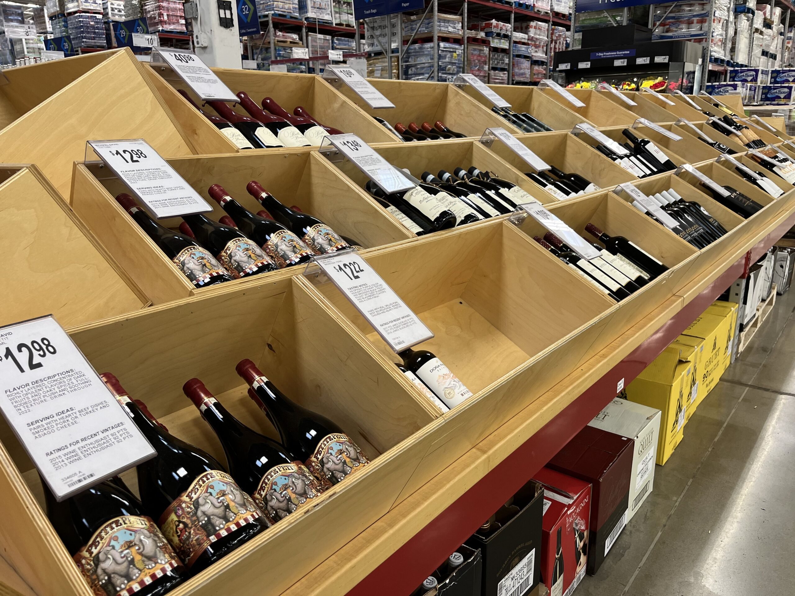 rows of wine at sams club