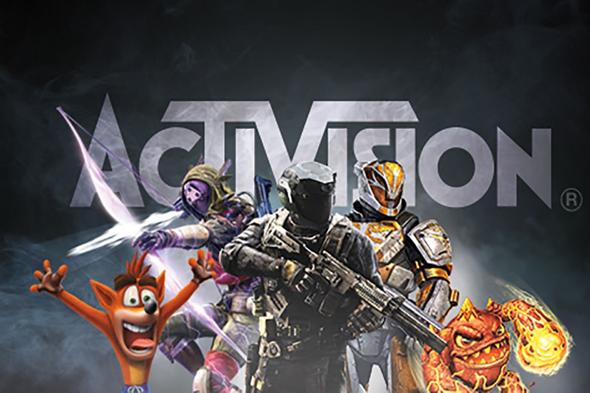 Activision characters and logo against black background
