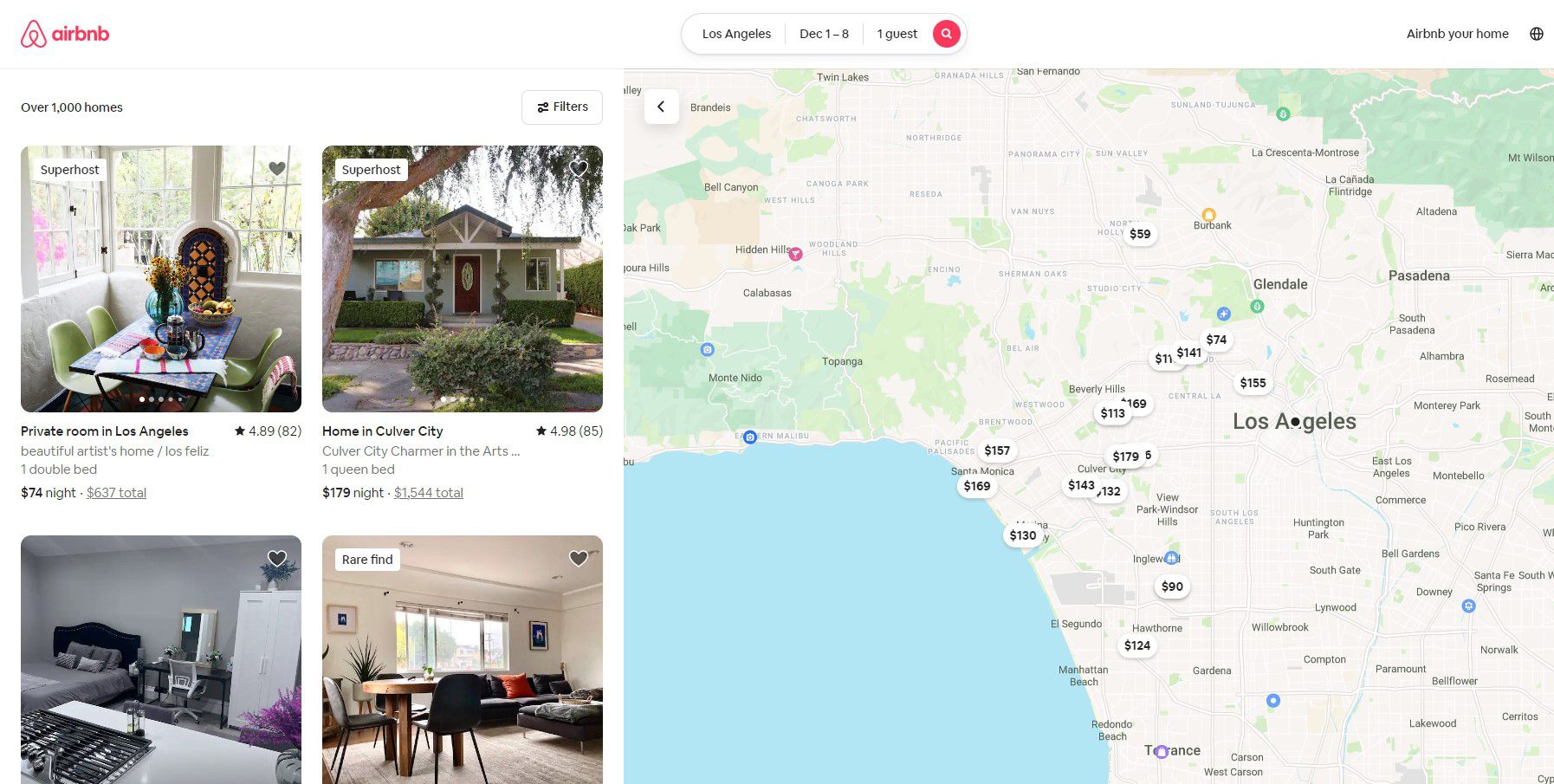 Screenshot of Airbnb listings in Los Angeles