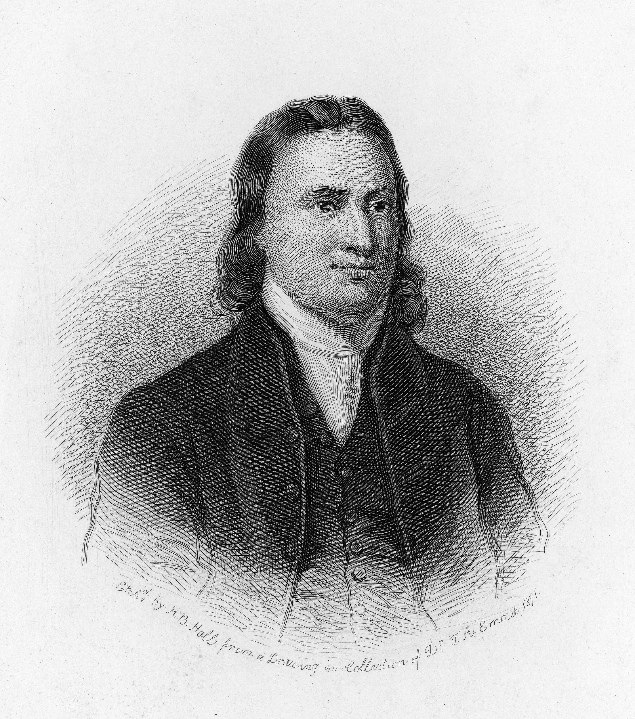 Engraved portrait of English-born Governor of Georgia Button Gwinnett on a white background
