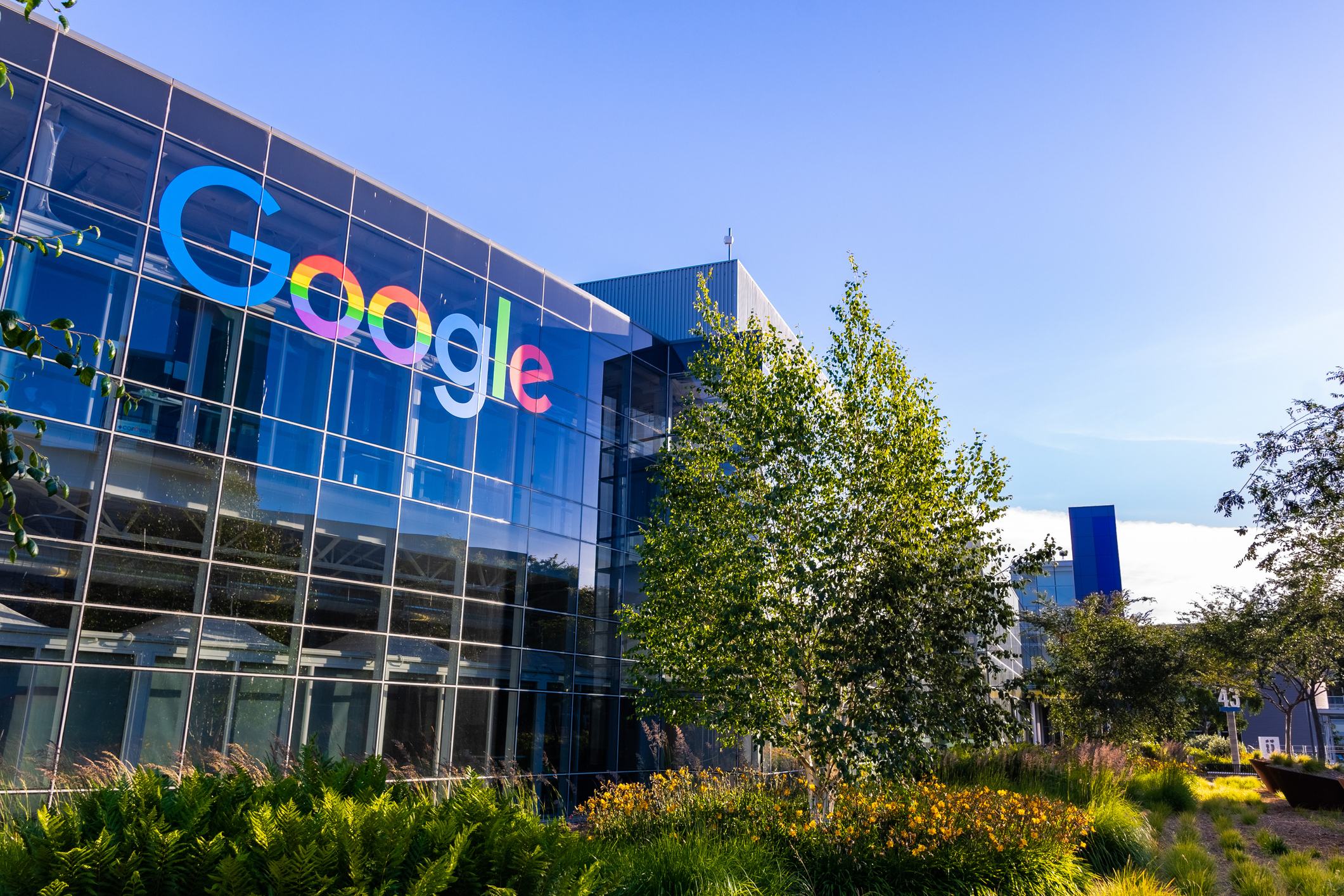 Glass exterior of Google Campus, Mountain View, California, lush garden and trees in the foreground, with a blue sky in the background